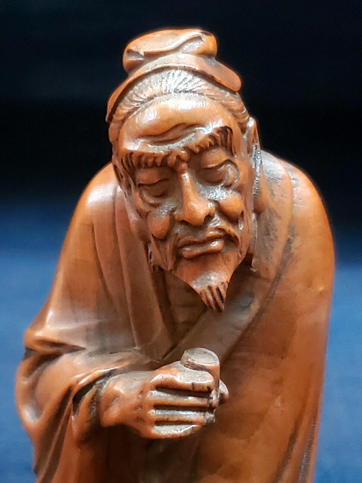 Chinese Qing, an Antique Delicate Fine Hand Carved Boxwood Old Scholar Figure Statue For Sale
