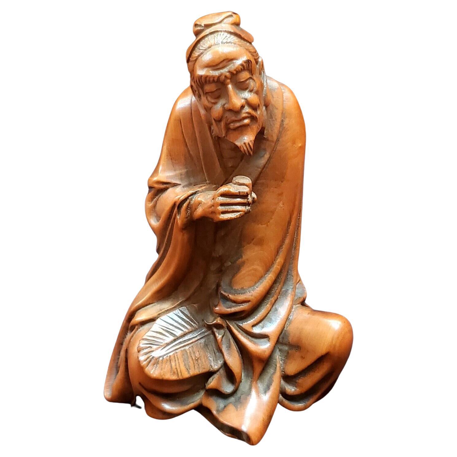Qing, an Antique Delicate Fine Hand Carved Boxwood Old Scholar Figure Statue