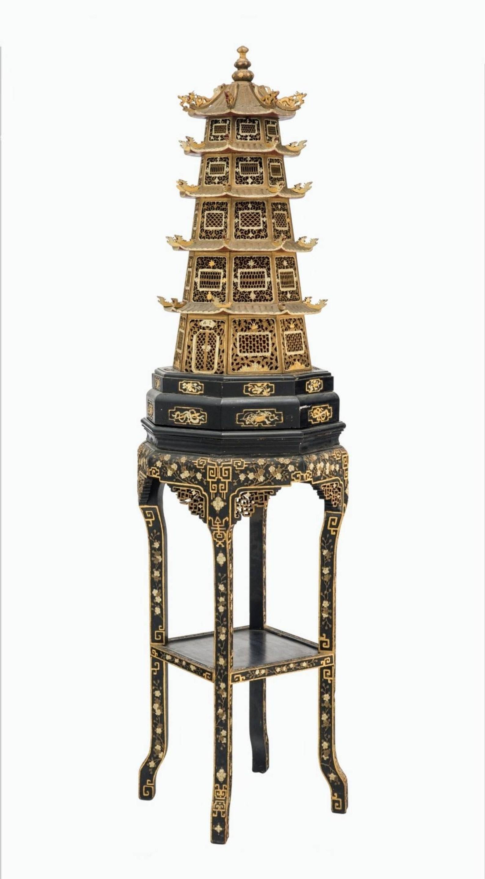A magnificent Qing Dynasty (1636-1912) Chinese temple altar pagoda fashioned as a large one-of-a-kind sculptural floor lamp.

Exquisitely hand-crafted in China in the 19th century, the exceptionally executed intricately detailed architectural pagoda
