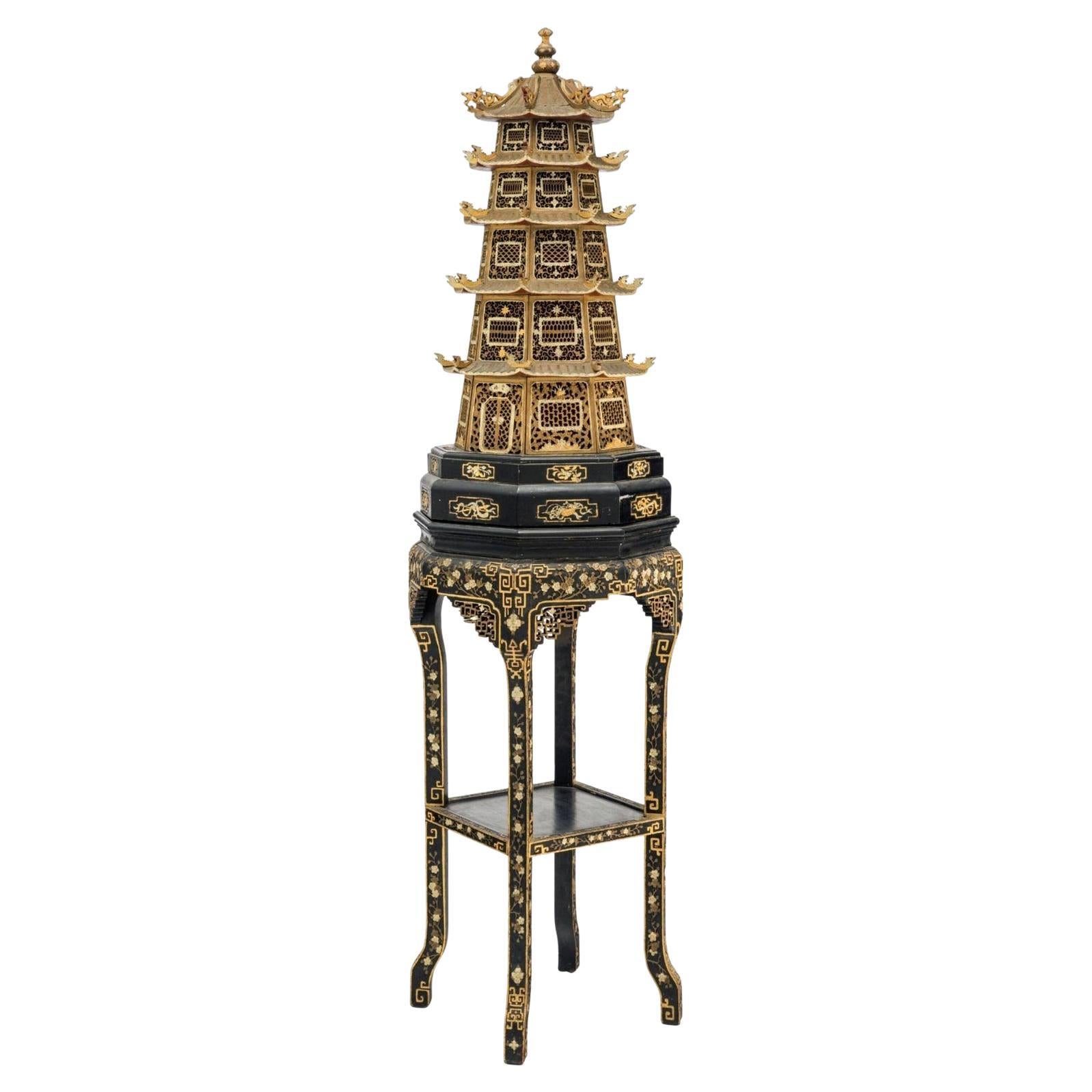Rare Antique Chinese Sculptural Pagoda On Stand Fashioned As A Floor Lamp