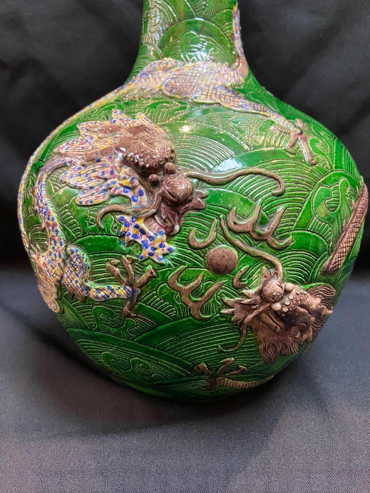 Chinese Qing, Antique 20th century Sancai-Glazed Dragon Pattern Porcelain Vase  For Sale