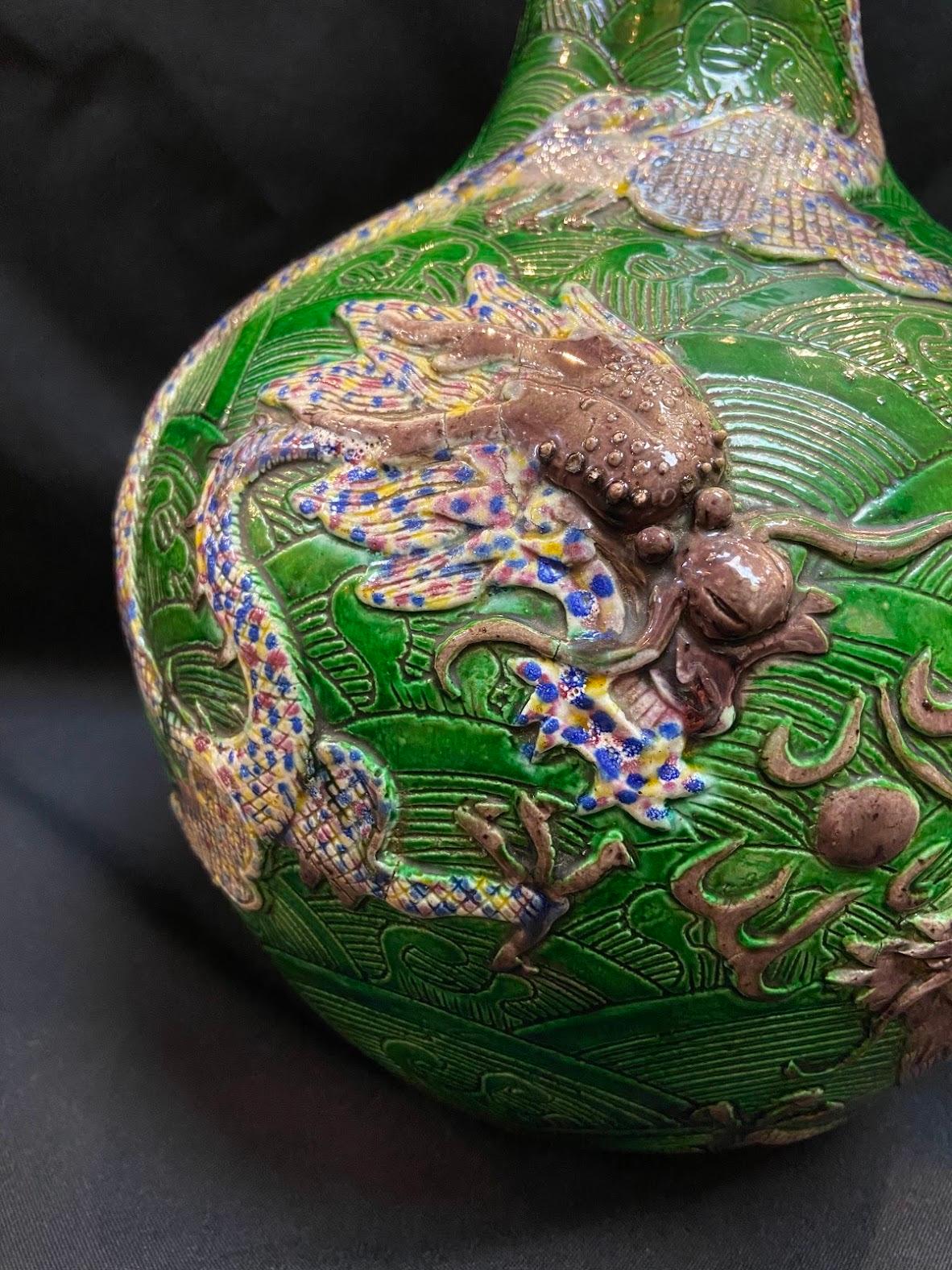 Qing, Antique 20th century Sancai-Glazed Dragon Pattern Porcelain Vase  In Good Condition For Sale In San Gabriel, CA