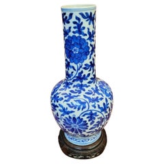 Qing, Blue and White Floral Pattern Ornament Folding Lotus Long Neck Porcelain