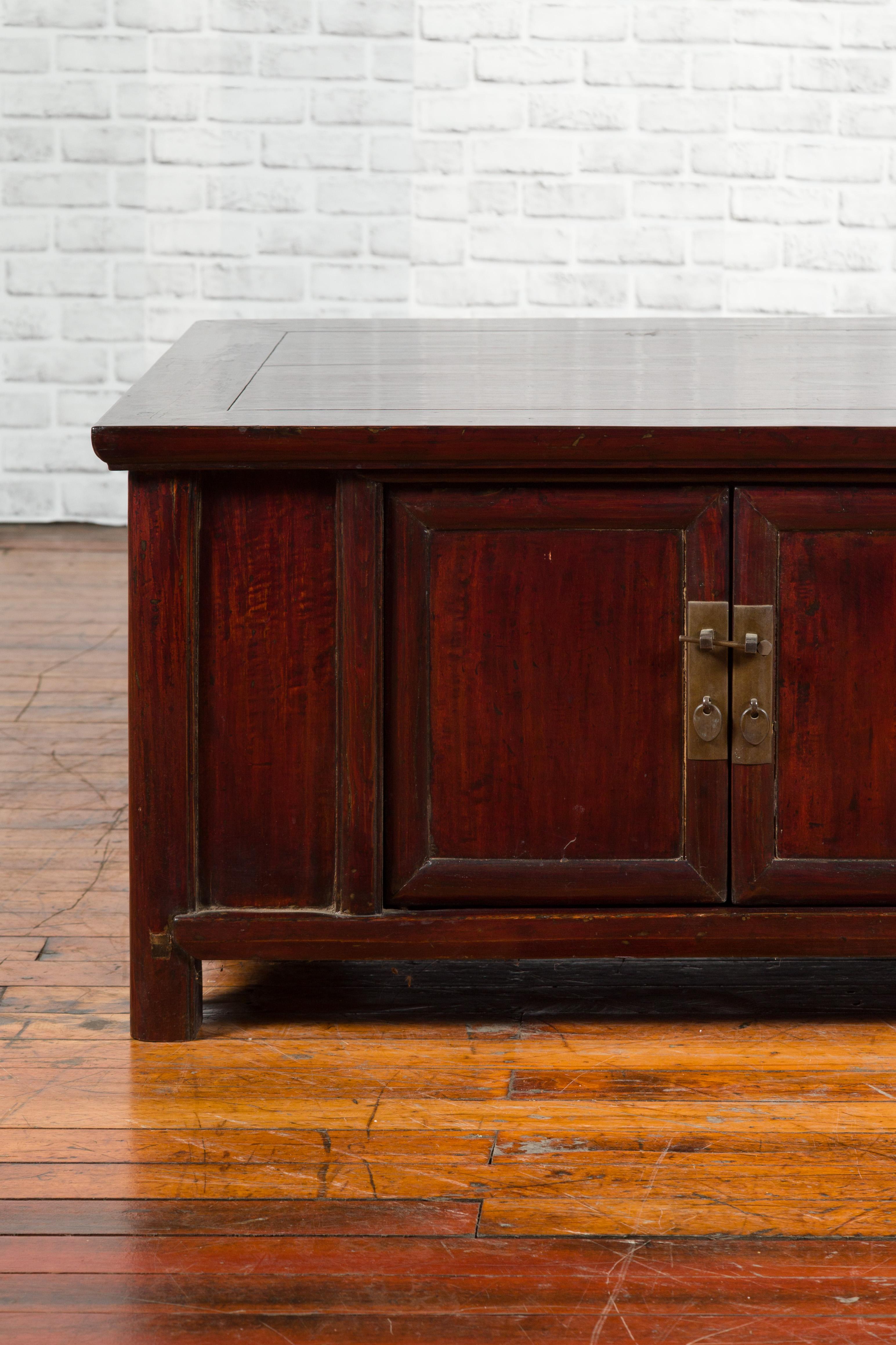 Wood Qing Chinese 19th Century Low Two-Door Cabinet with Reddish Brown Lacquer
