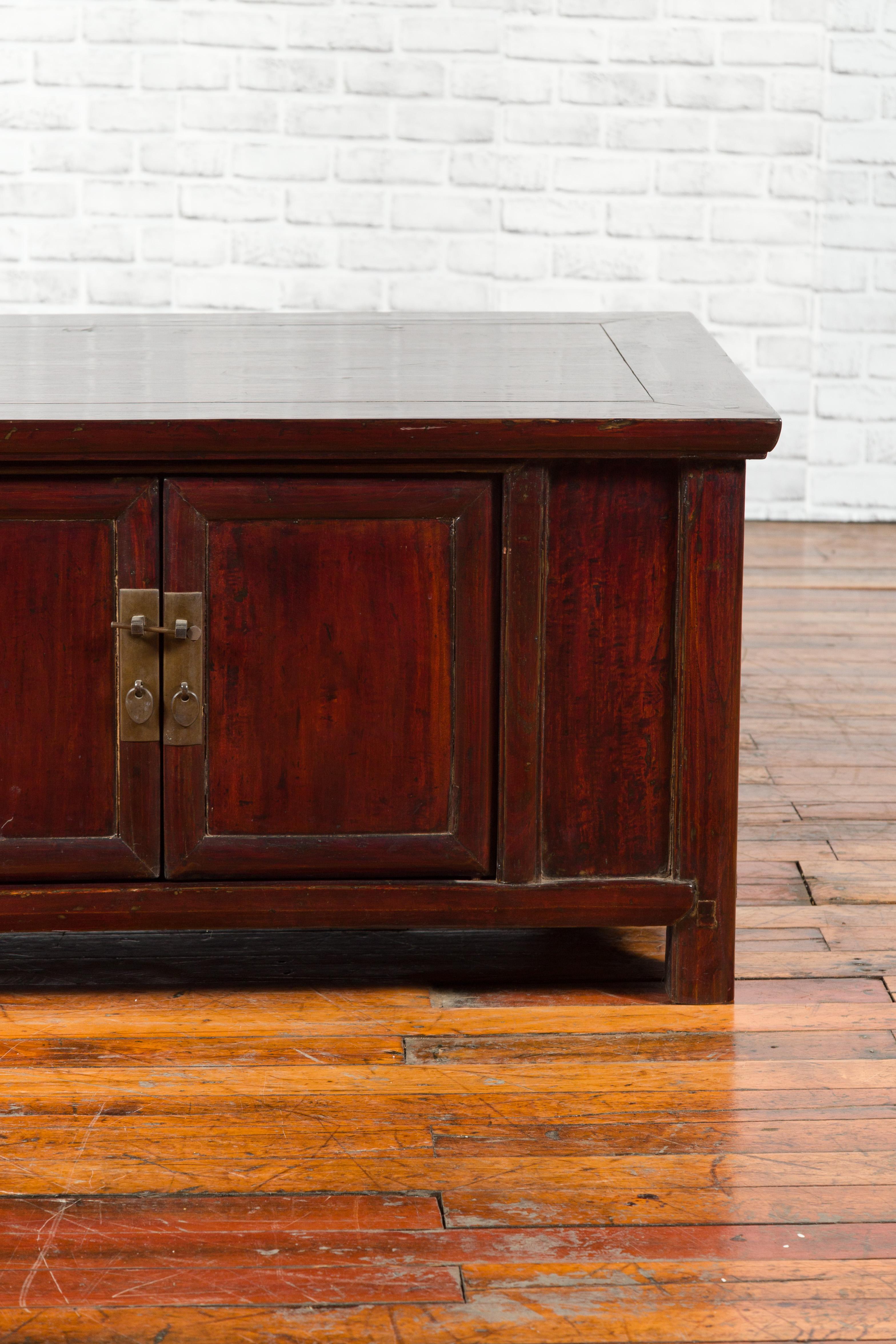 Qing Chinese 19th Century Low Two-Door Cabinet with Reddish Brown Lacquer 1