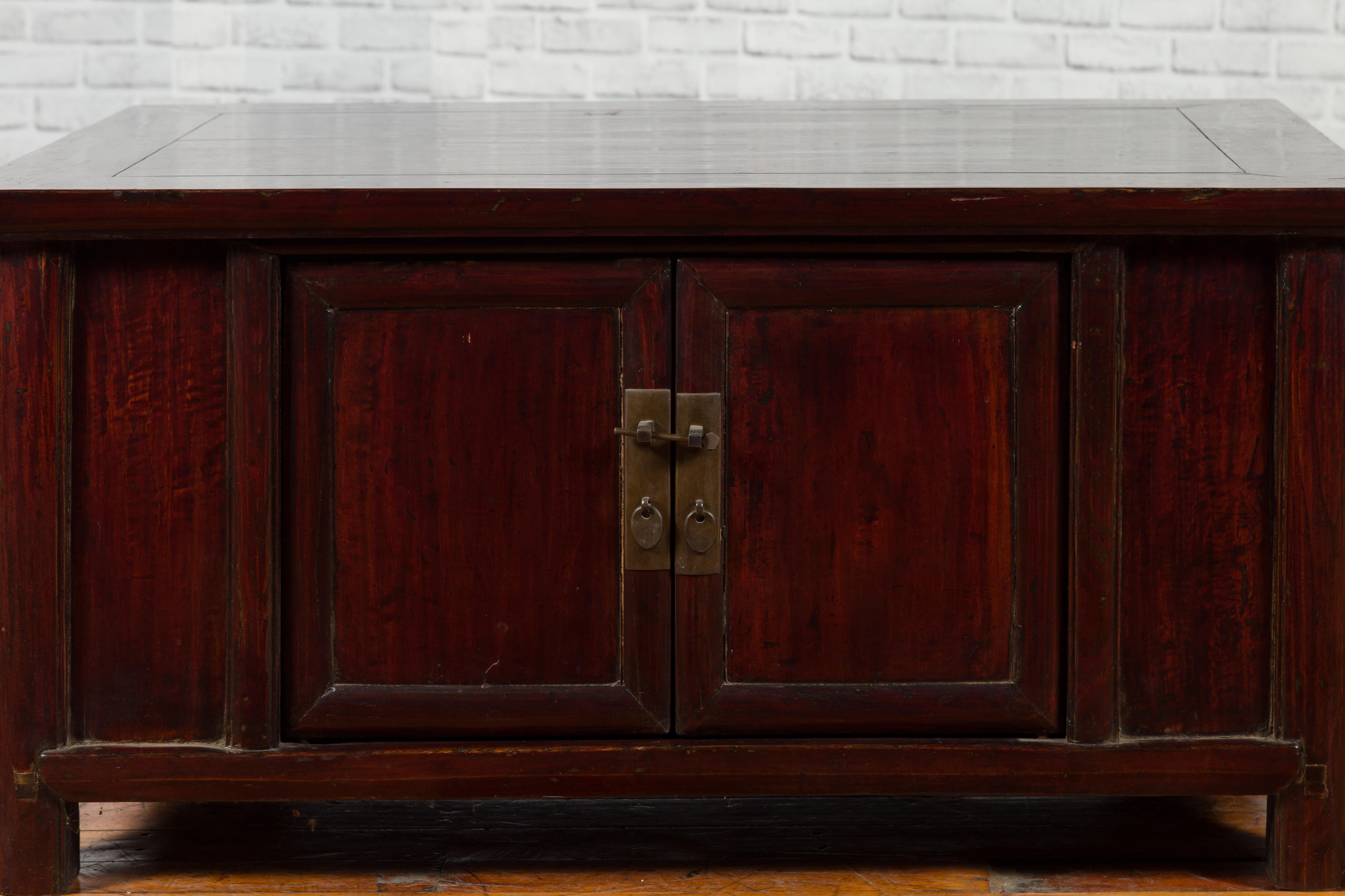 Qing Chinese 19th Century Low Two-Door Cabinet with Reddish Brown Lacquer 2