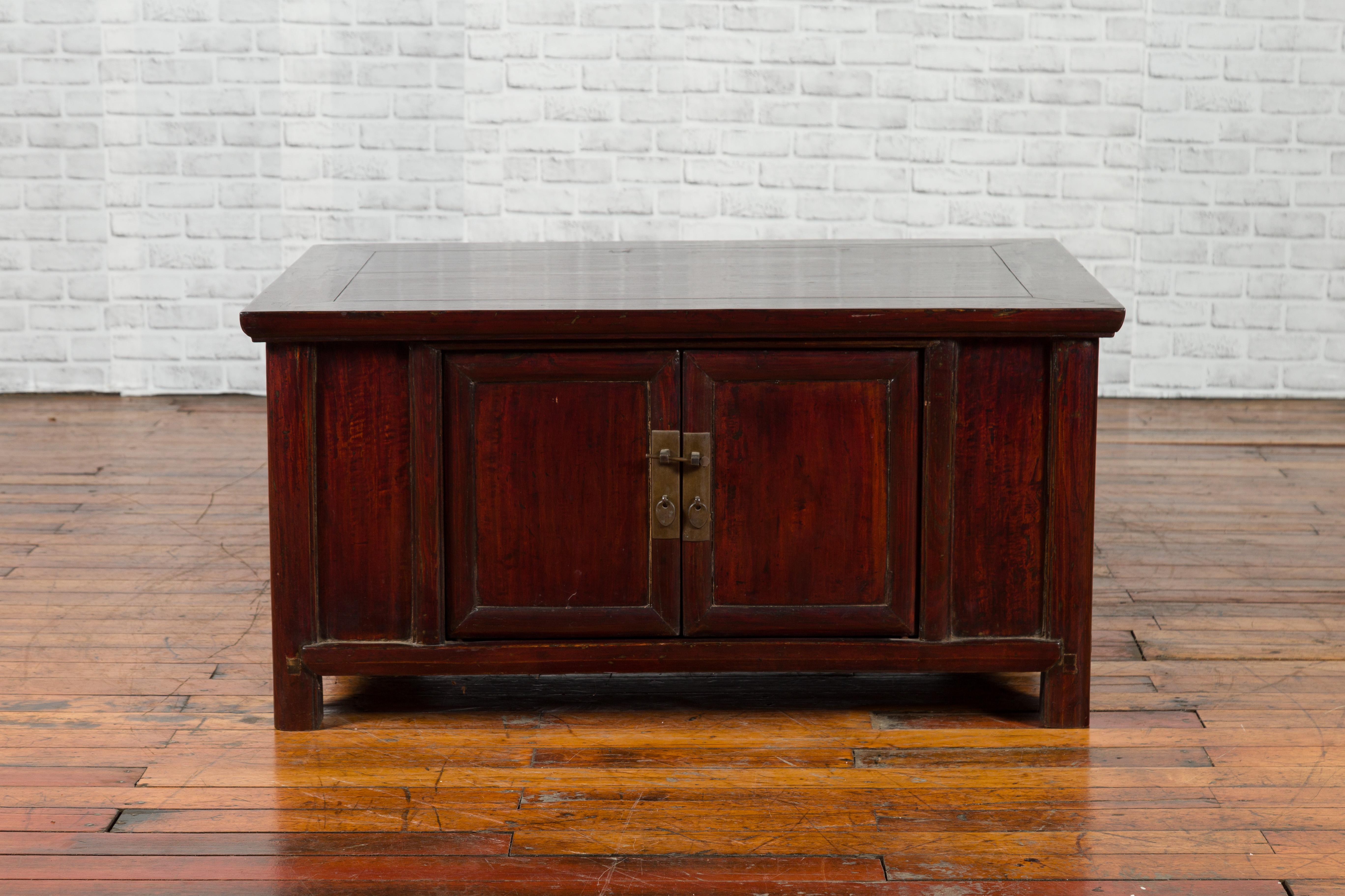 Qing Chinese 19th Century Low Two-Door Cabinet with Reddish Brown Lacquer 4