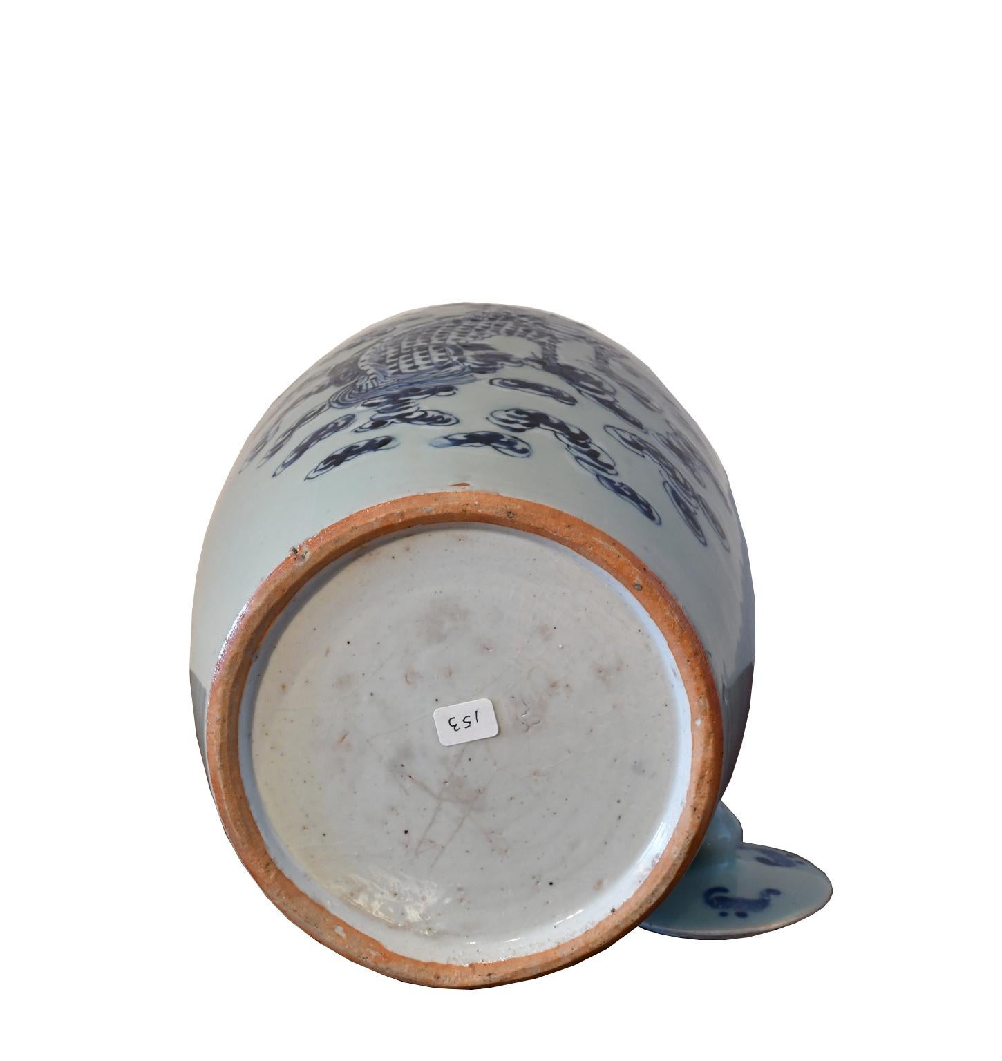 19th Century Qing Chinese Blue & White Porcelain Lidded Jar w Hand Painted Five-Clawed Dragon For Sale