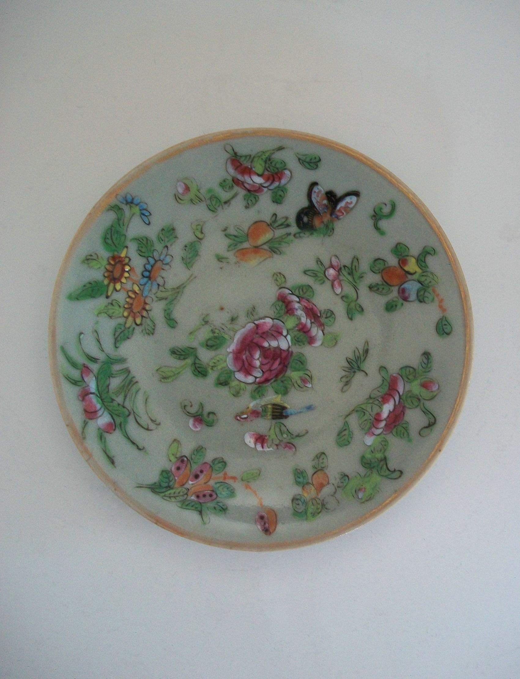 Hand-Crafted Qing Chinese Export Celadon 'Famille Rose' Plate, Square Seal Mark, circa 1820