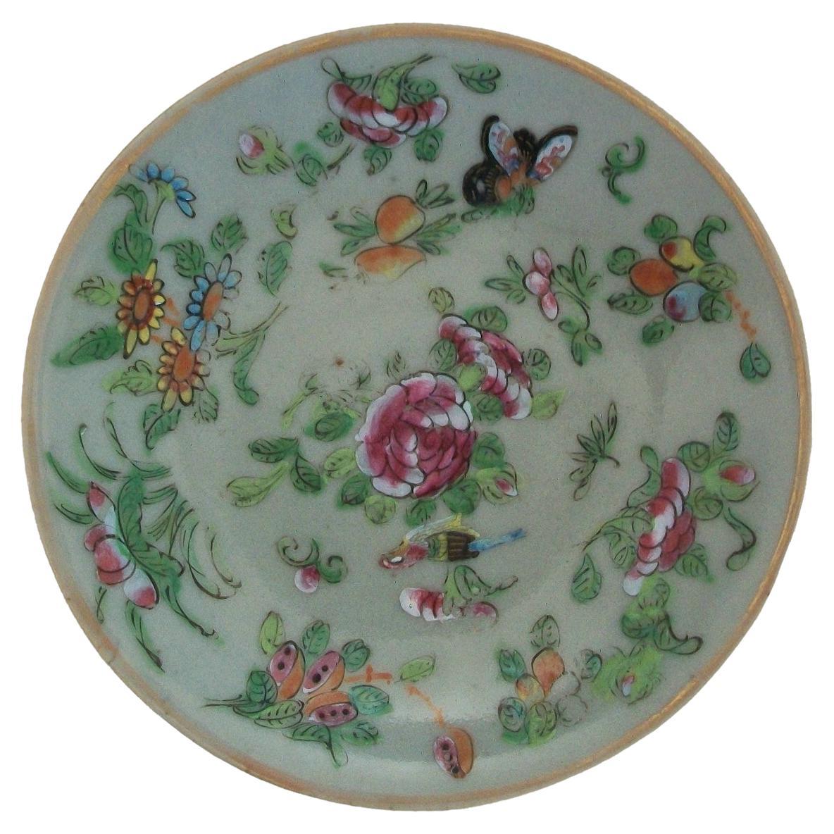 Qing Chinese Export Celadon 'Famille Rose' Plate, Square Seal Mark, circa 1820