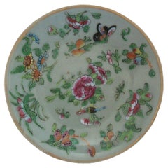 Antique Qing Chinese Export Celadon 'Famille Rose' Plate, Square Seal Mark, circa 1820