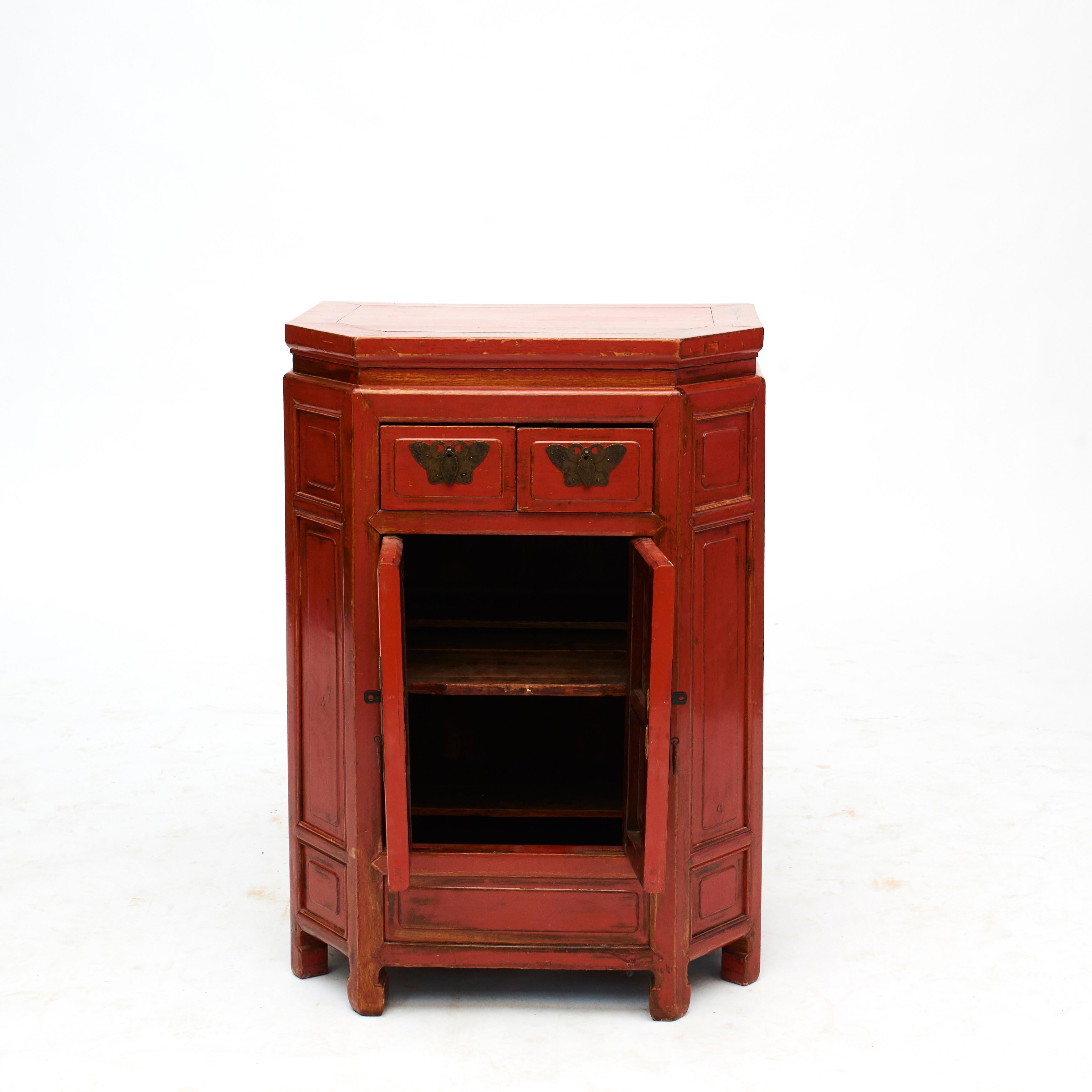 Lacquered Qing Chinese Red Lacquer Hexagonal Console Cabinet with Butterfly Mounts