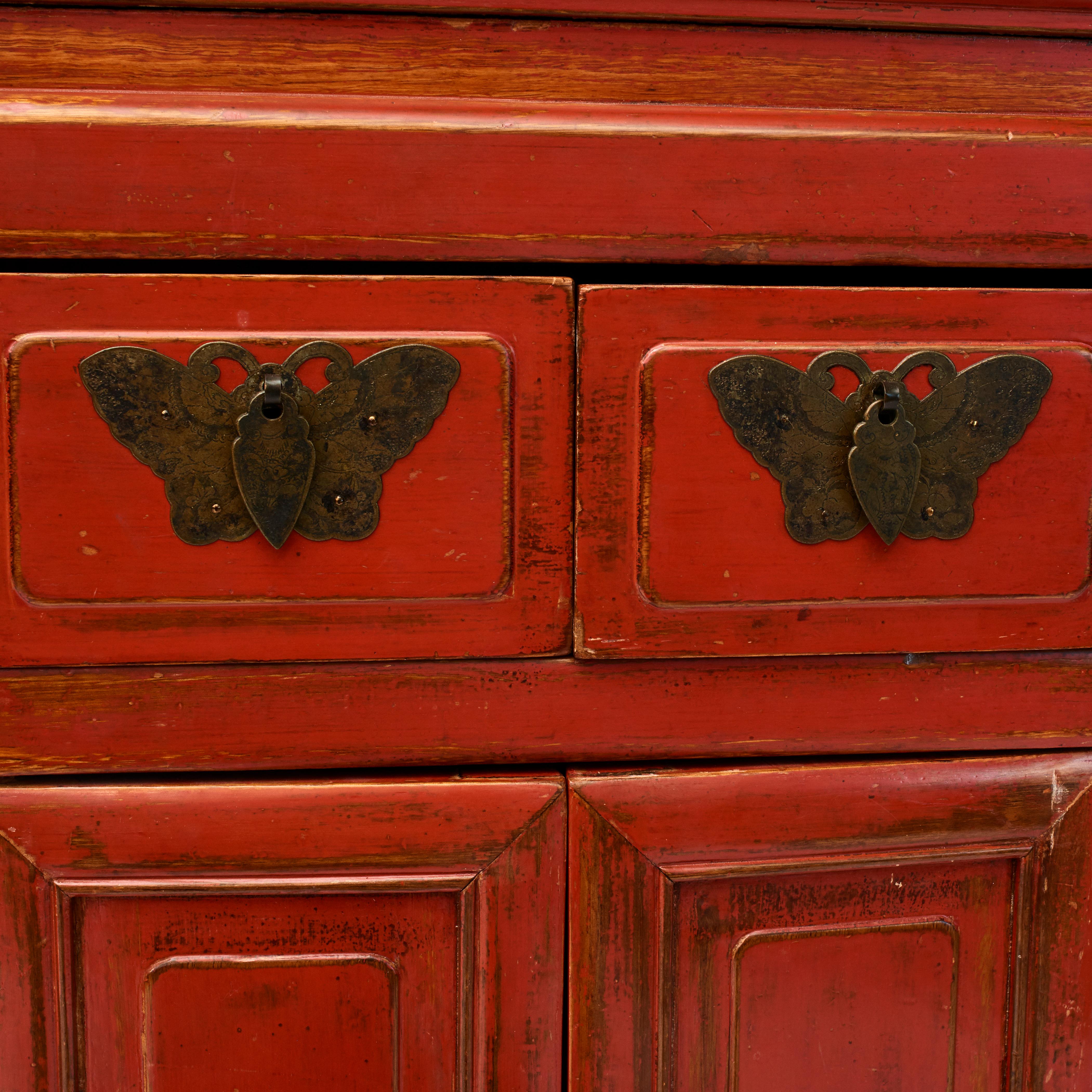 Elm Qing Chinese Red Lacquer Hexagonal Console Cabinet with Butterfly Mounts