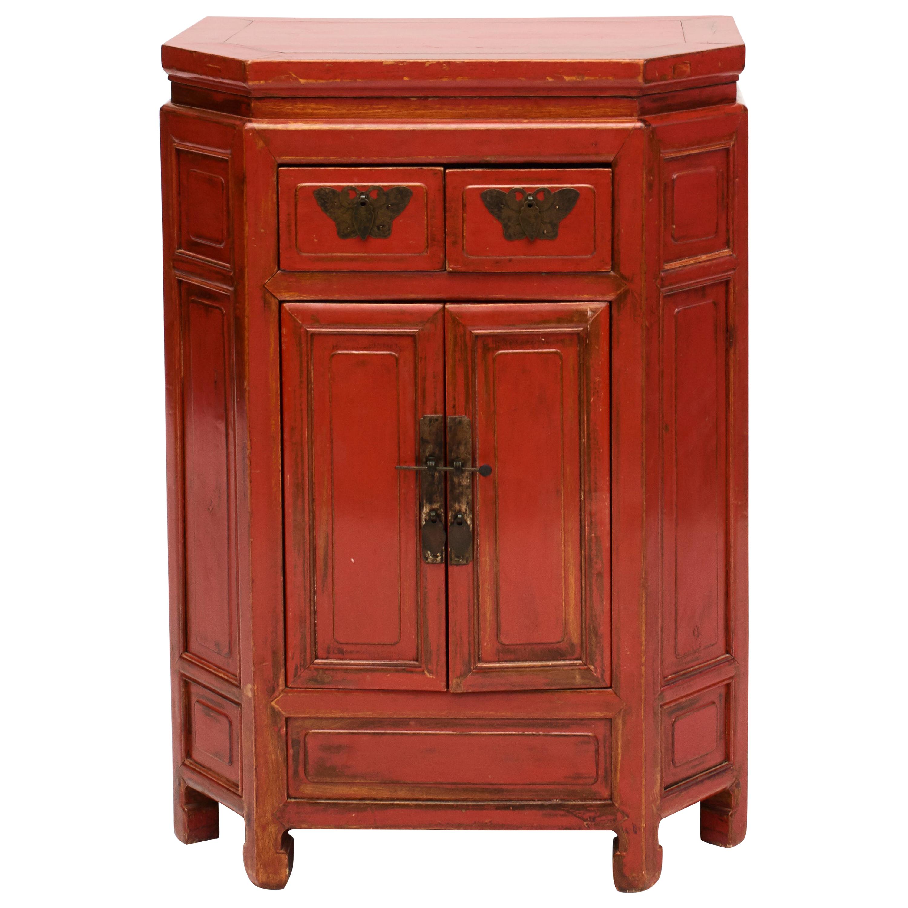 Qing Chinese Red Lacquer Hexagonal Console Cabinet with Butterfly Mounts