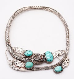 QING DINASTY 1915 China Export Dragon Necklace In .900 Silver With Turquoises