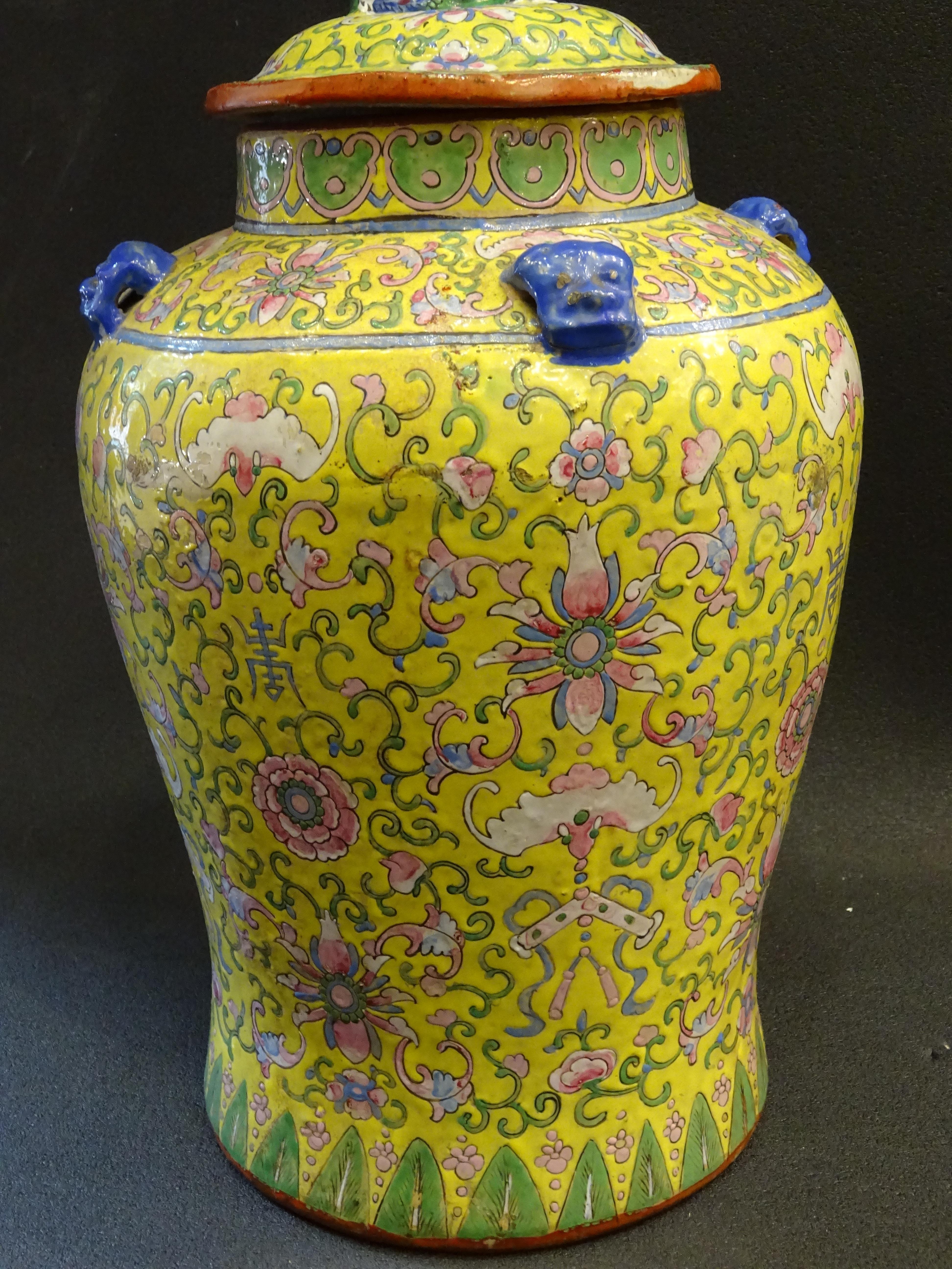 Chinese Qing Dynasty 19th Century Rosefamily Jaune Blue Pink Green Ceramic Vase With Lid