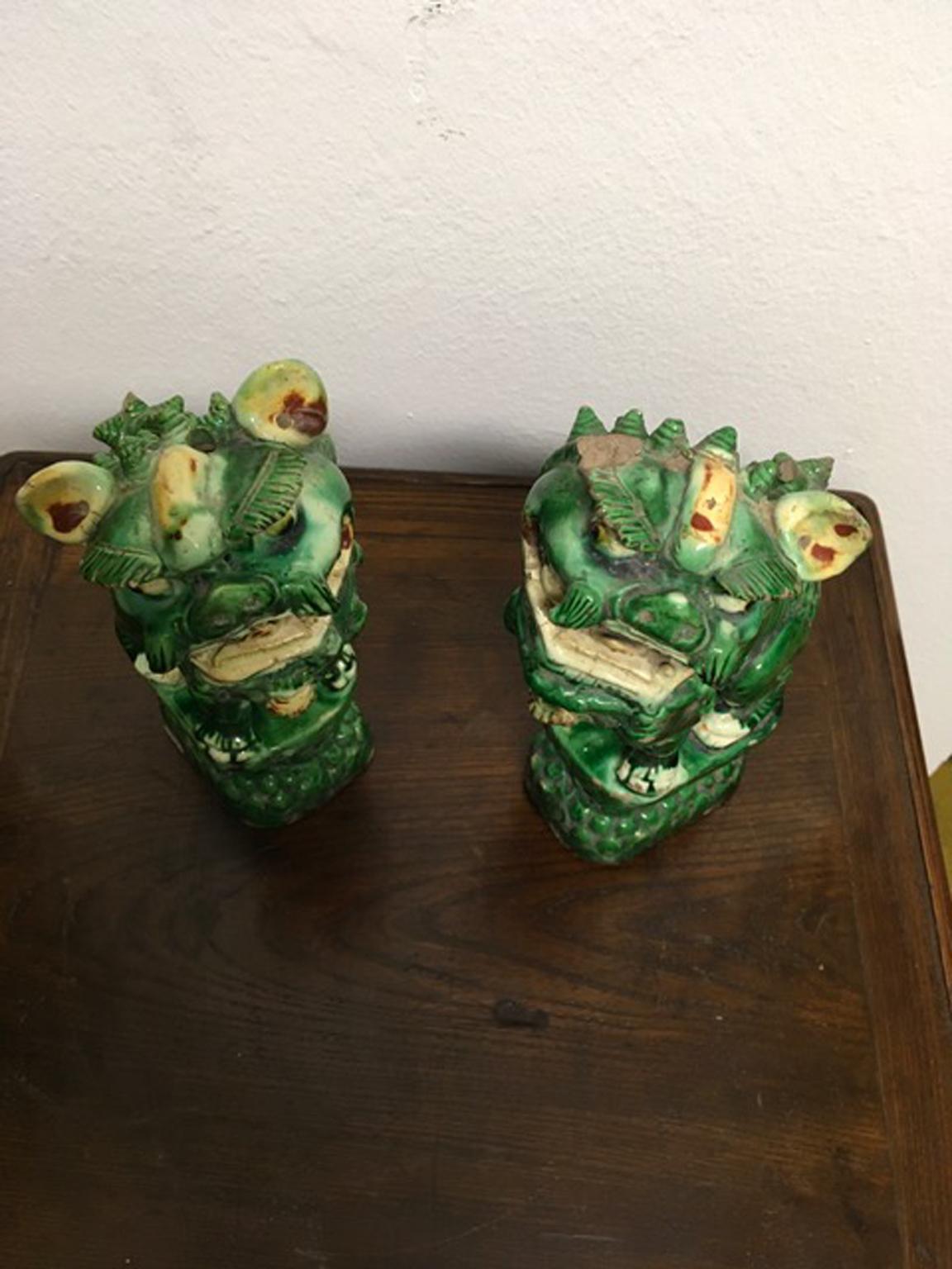 Chinese Qing Dinasty Mid-20th Century Pair Ceramic Green Enameled Pho Dogs China Export For Sale