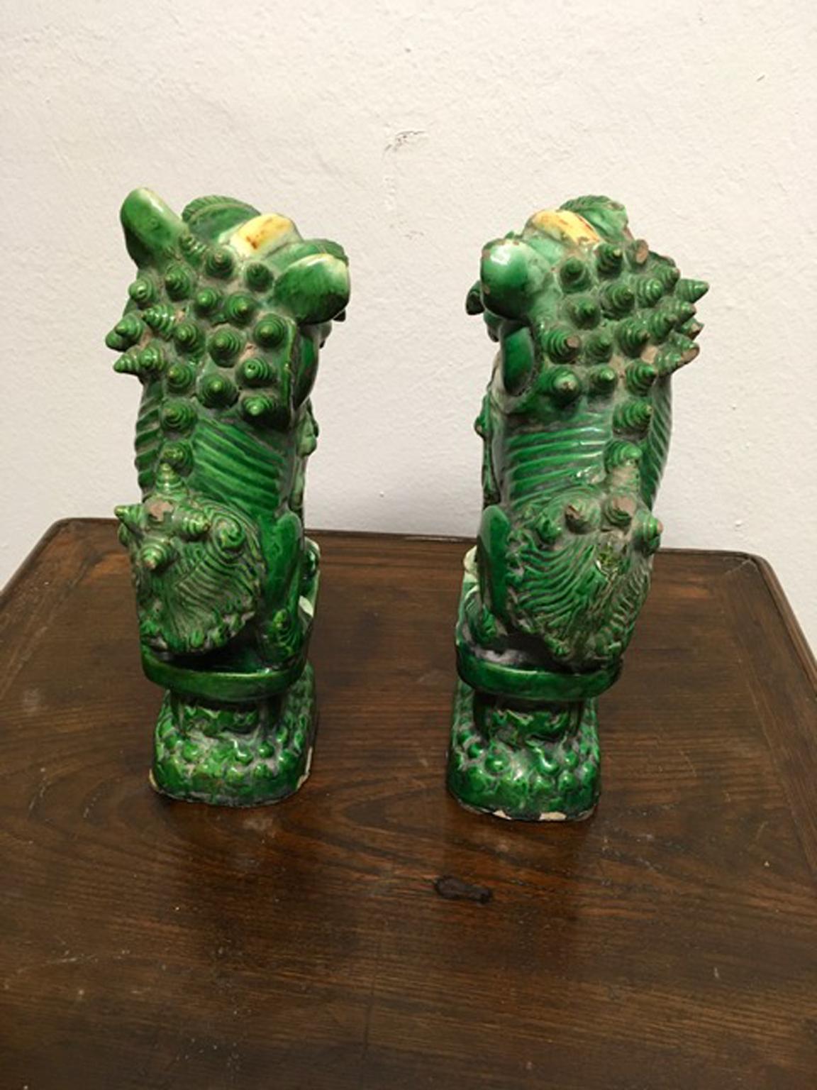 Hand-Crafted Qing Dinasty Mid-20th Century Pair Ceramic Green Enameled Pho Dogs China Export For Sale