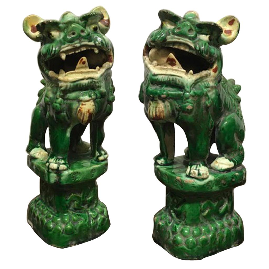 Qing Dinasty Mid-20th Century Pair Ceramic Green Enameled Pho Dogs China Export