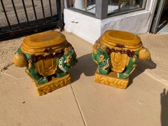 Qing Dynasties Foo Dog Garden Seats in Green and Yellow Terra Cotta - a Pair