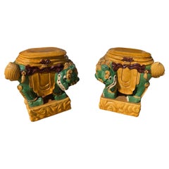 Qing Dynasties Foo Dog Garden Seats in Green and Yellow Terra Cotta - a Pair