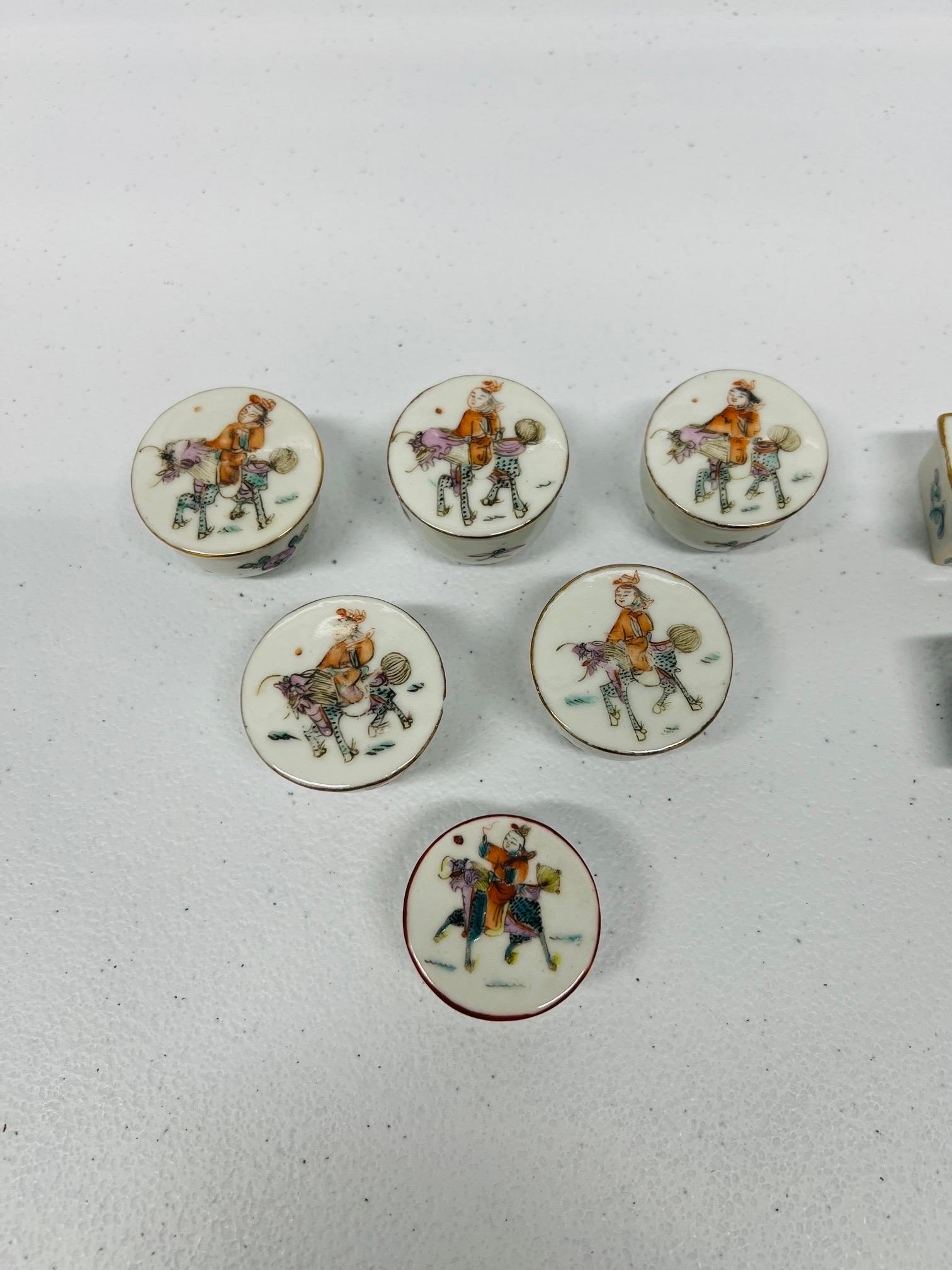 Chinese, Qing Dynasty (1644-1911), 19th century.

A grouping or instant collection of antique porcelain enameled salt boxes. Each box is decorated with immortal being riding the fabled Longma (winged horse with dragon scales). Six boxes are round