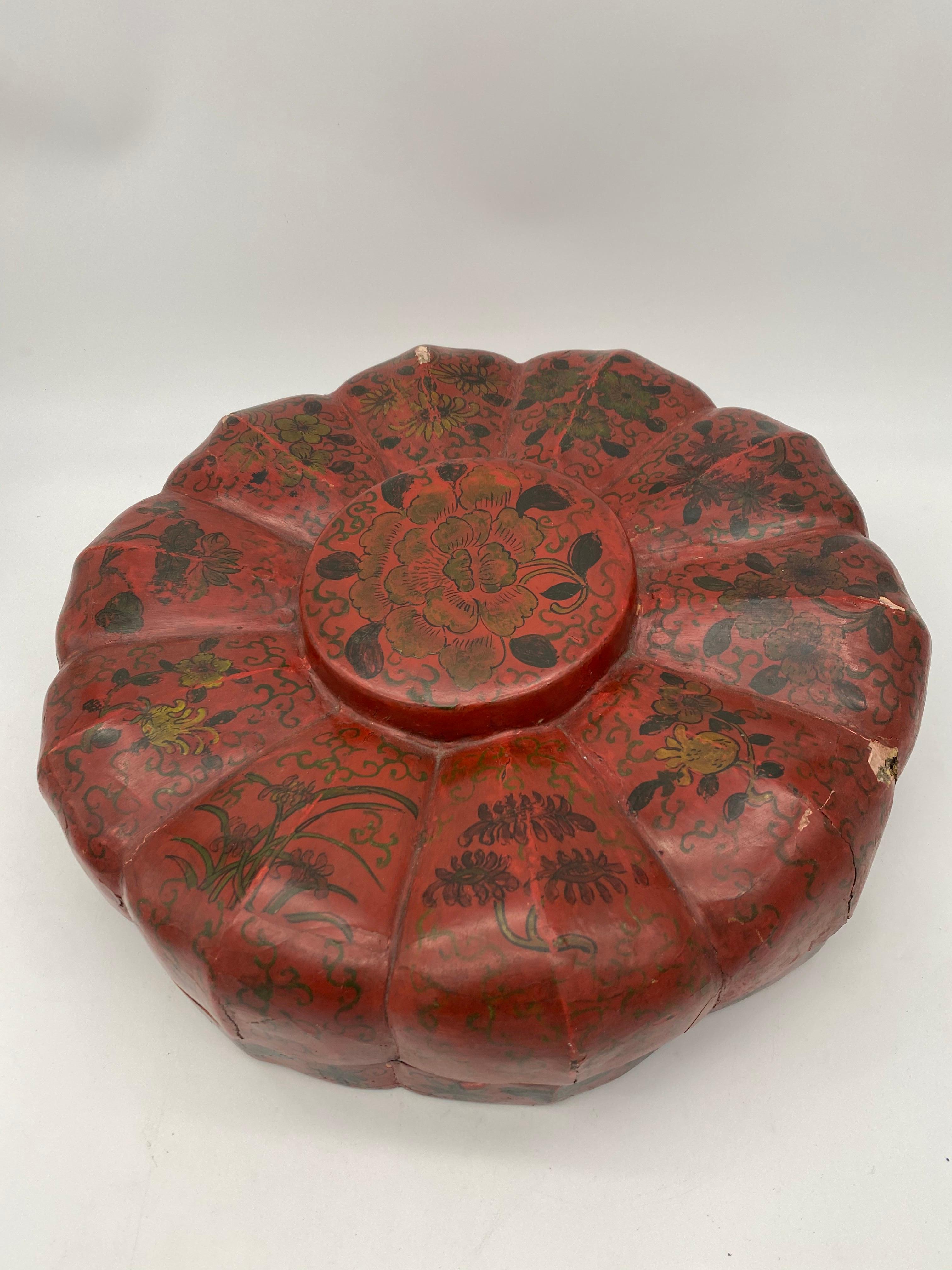 Chinese red lacquer box from Qing dynasty. Includes nine-pieces. Before in excellent condition. But when I take pictures, accidentally fell to the ground and broke somewhere with damaged. But it still is good piece. Measure: 14