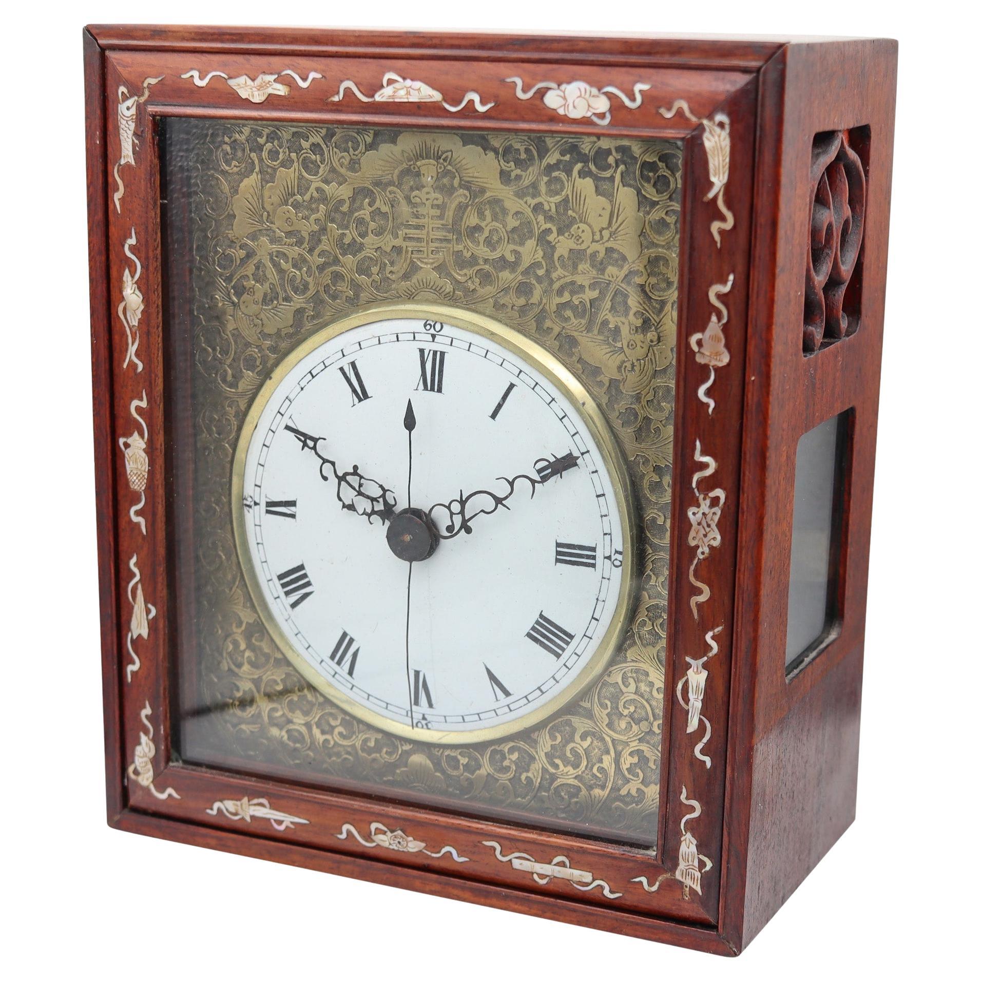 QING DYNASTY 1790 Export Table Clock In Gilt Bronze, Wood & Inlaid Nacre