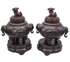 QING DYNASTY 1800 Early 19th Century Pair of Bronze Censers With Lids & Bases