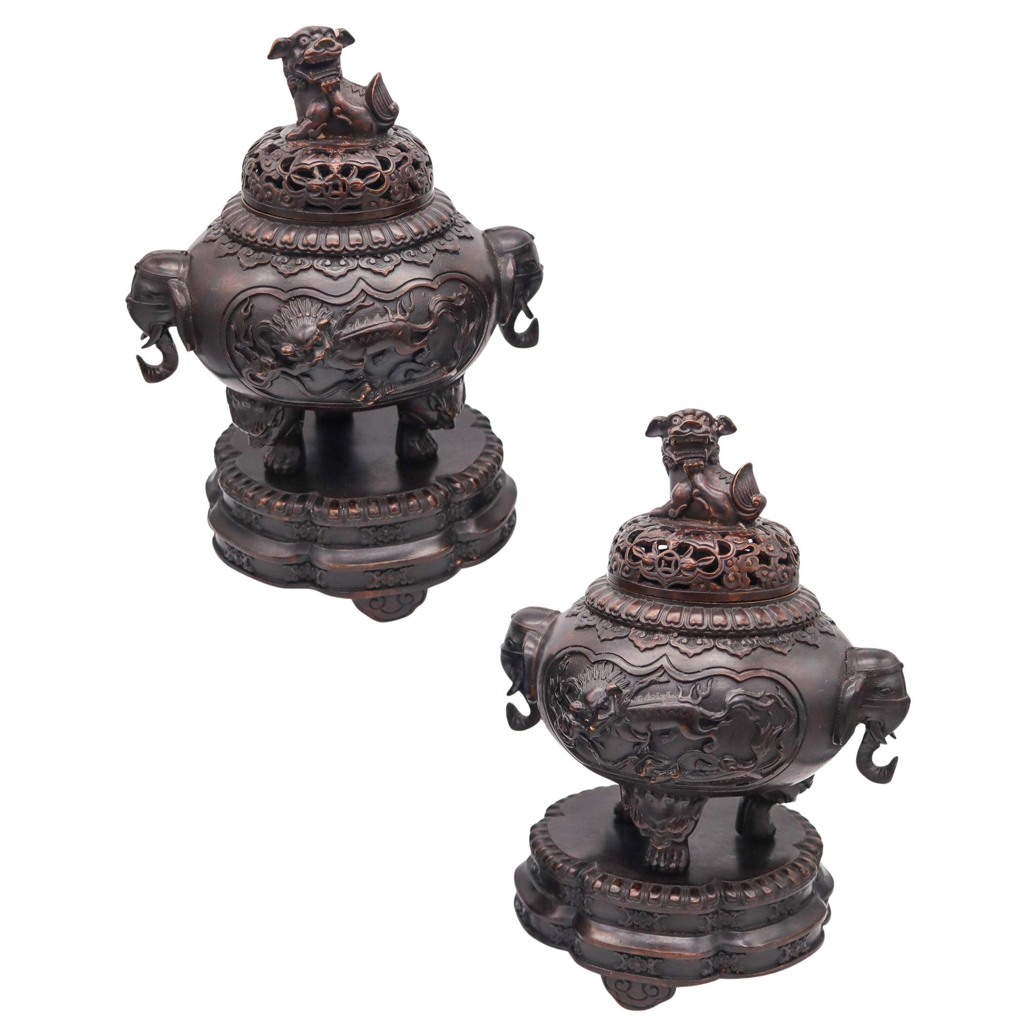 QING DYNASTY 1800 Early 19th Century Pair of Bronze Censers With Lids & Bases