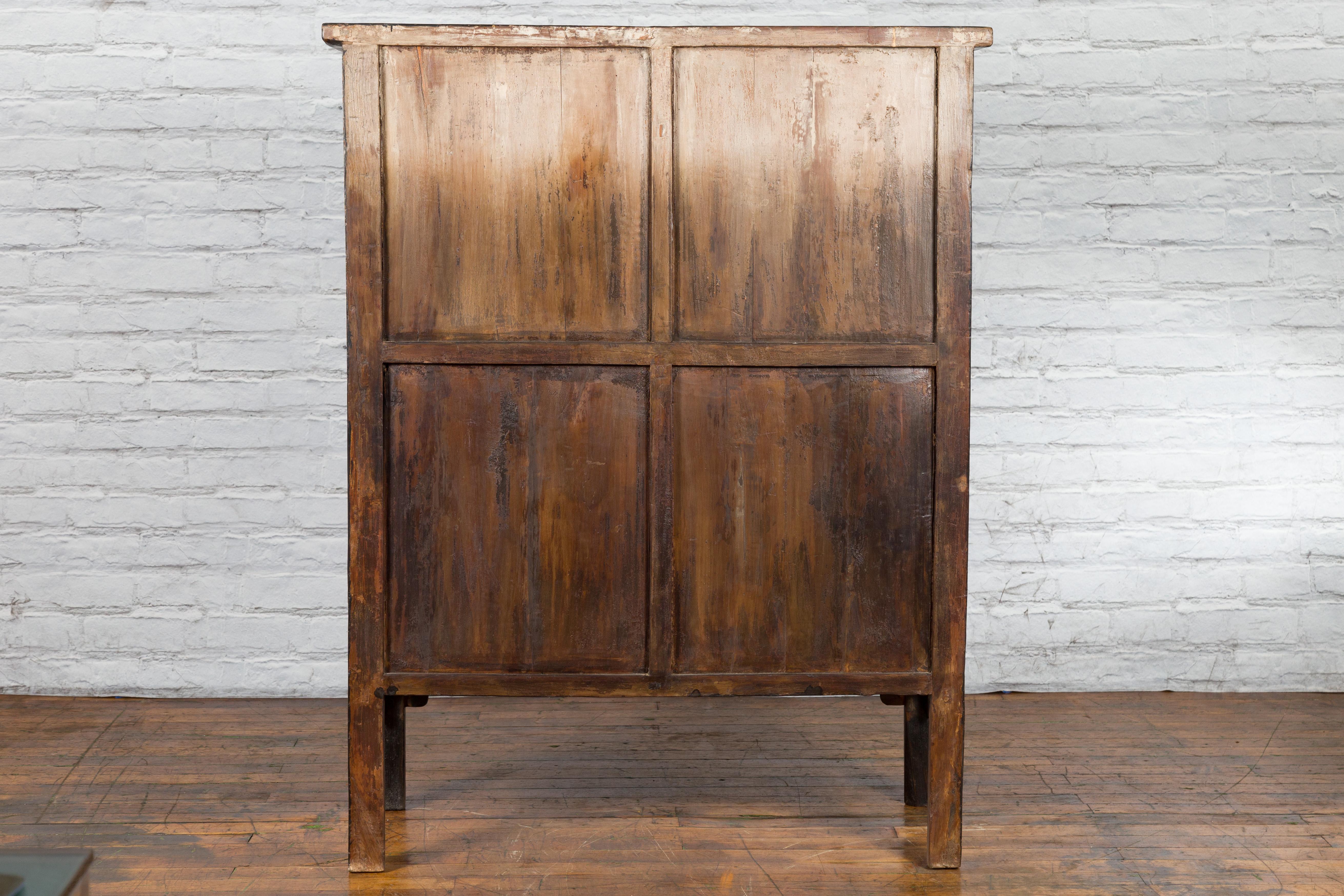 Qing Dynasty 1800s Brown Lacquered Chinese Cabinet with Doors and Drawers For Sale 11