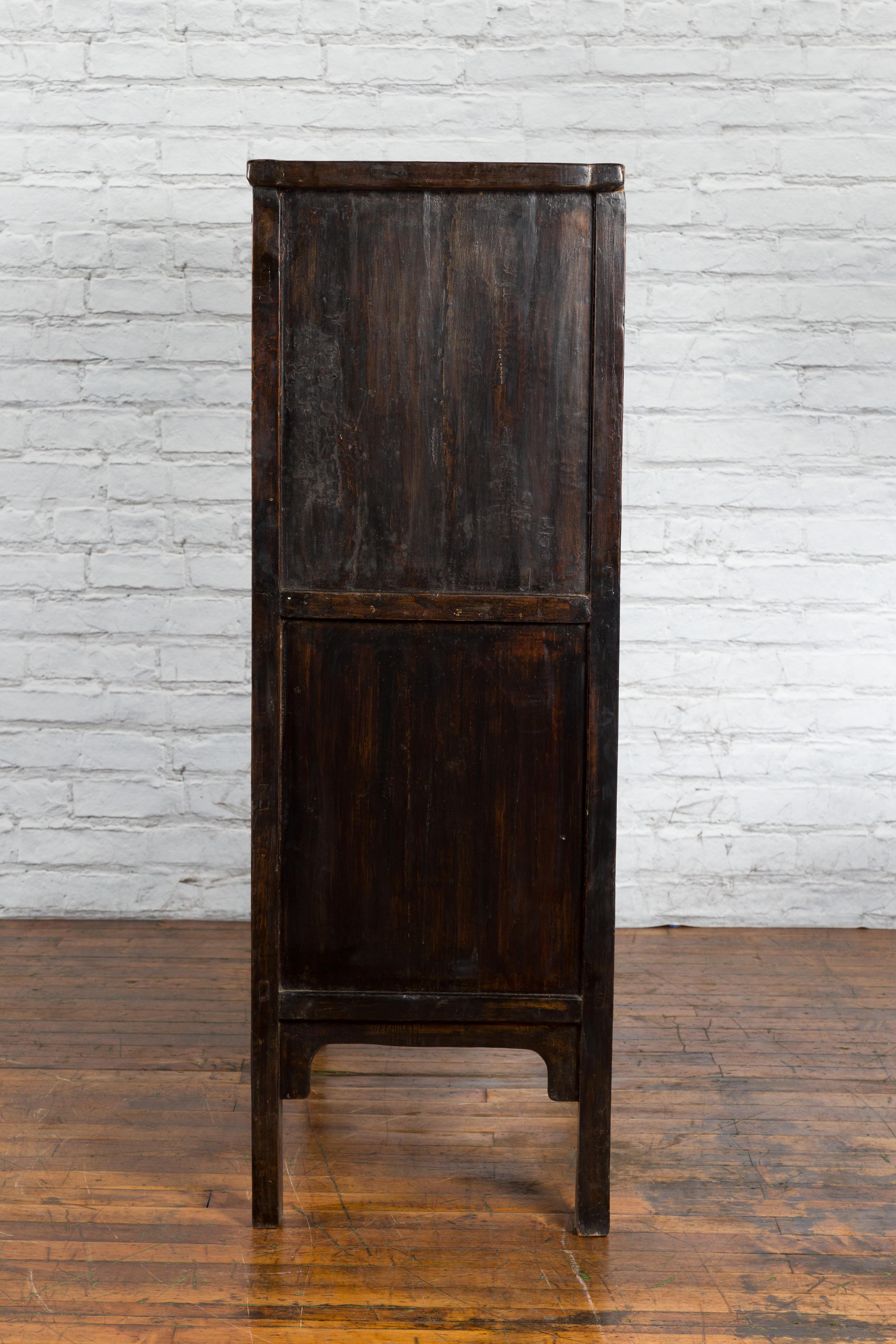 Qing Dynasty 1800s Brown Lacquered Chinese Cabinet with Doors and Drawers For Sale 12