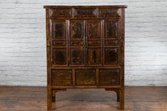 Qing Dynasty 1800s Brown Lacquered Chinese Cabinet with Doors and Drawers