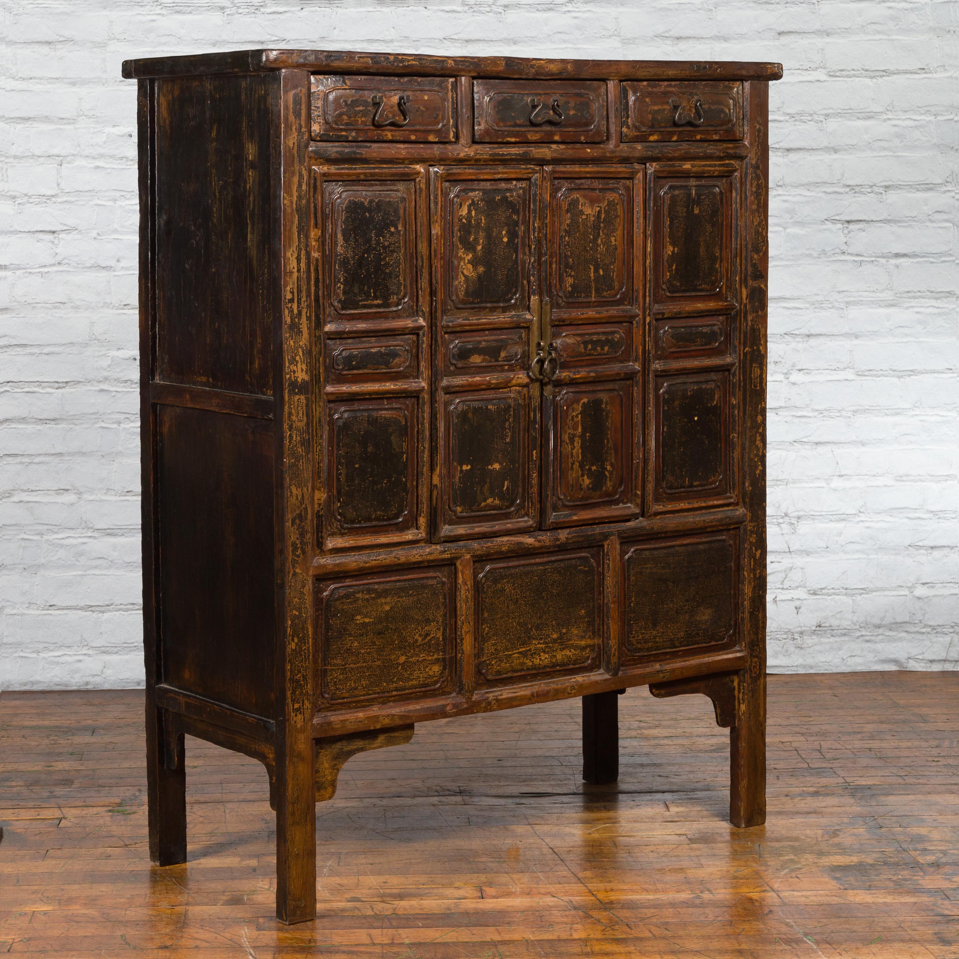 Carved Qing Dynasty 1800s Brown Lacquered Chinese Cabinet with Doors and Drawers For Sale