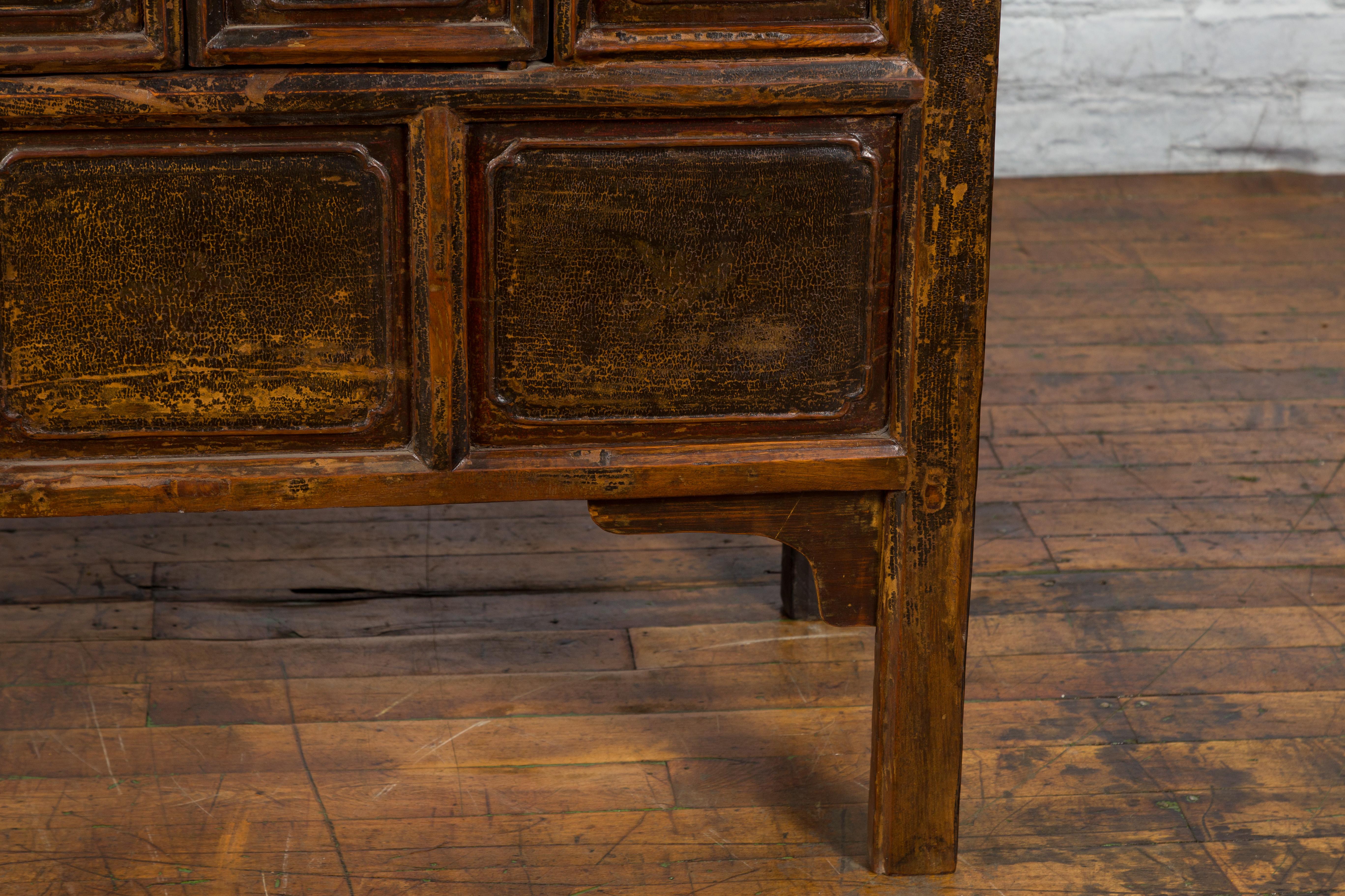 Qing Dynasty 1800s Brown Lacquered Chinese Cabinet with Doors and Drawers For Sale 2