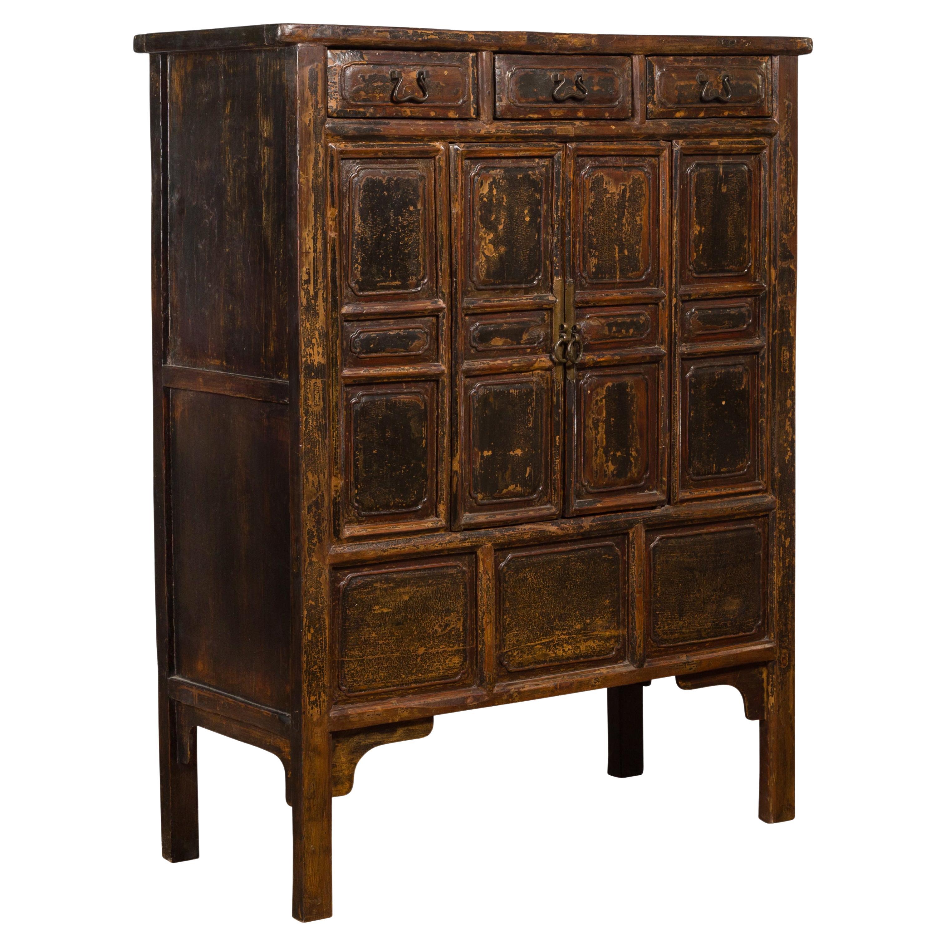 Qing Dynasty 1800s Brown Lacquered Chinese Cabinet with Doors and Drawers For Sale