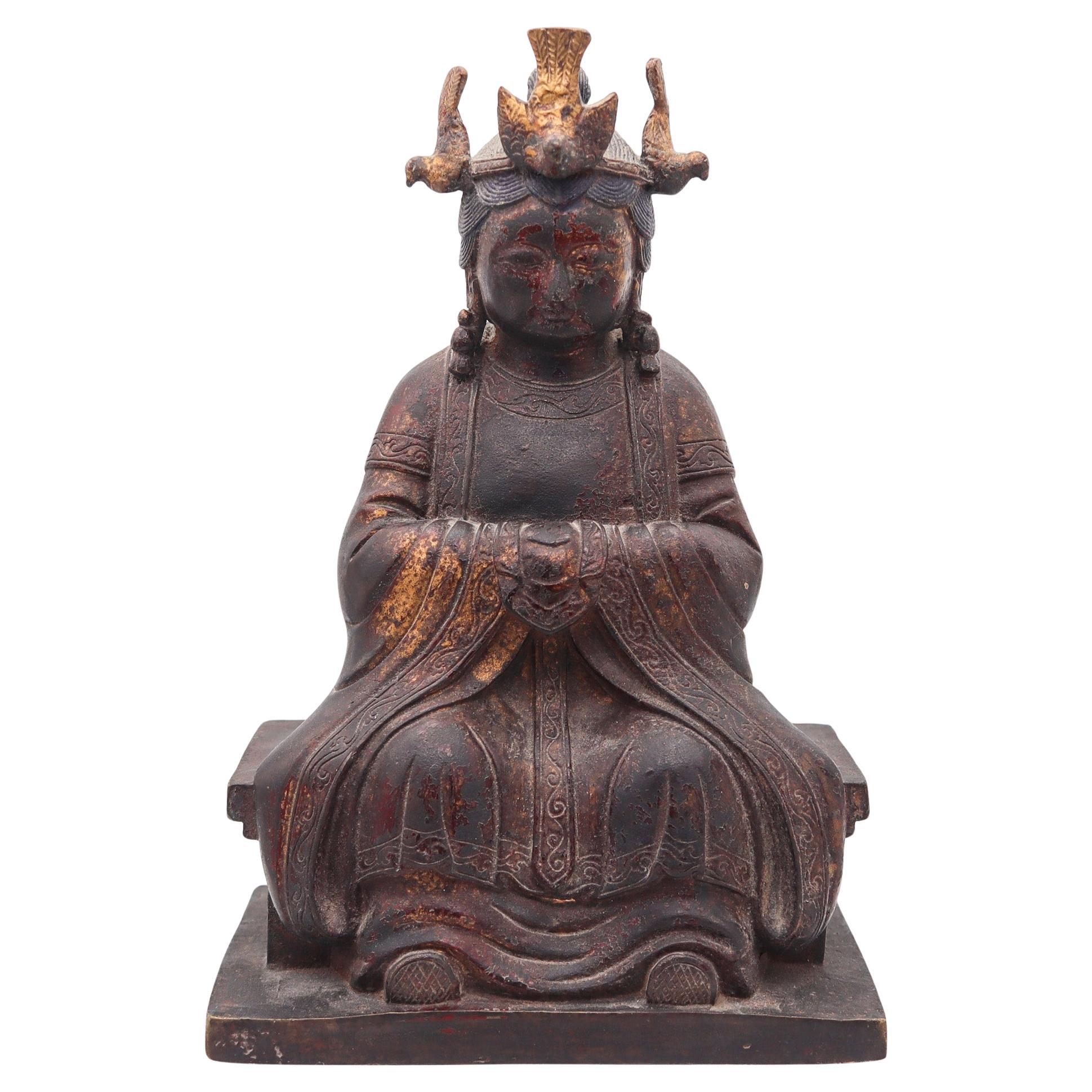 QING DYNASTY 1880 Seated Enthroned Mazu Quan-Yin In Solid Gilt Bronze
