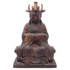 DINASTIA QING 1880 Mazu Quan-Yin seduto in trono in bronzo dorato massiccio