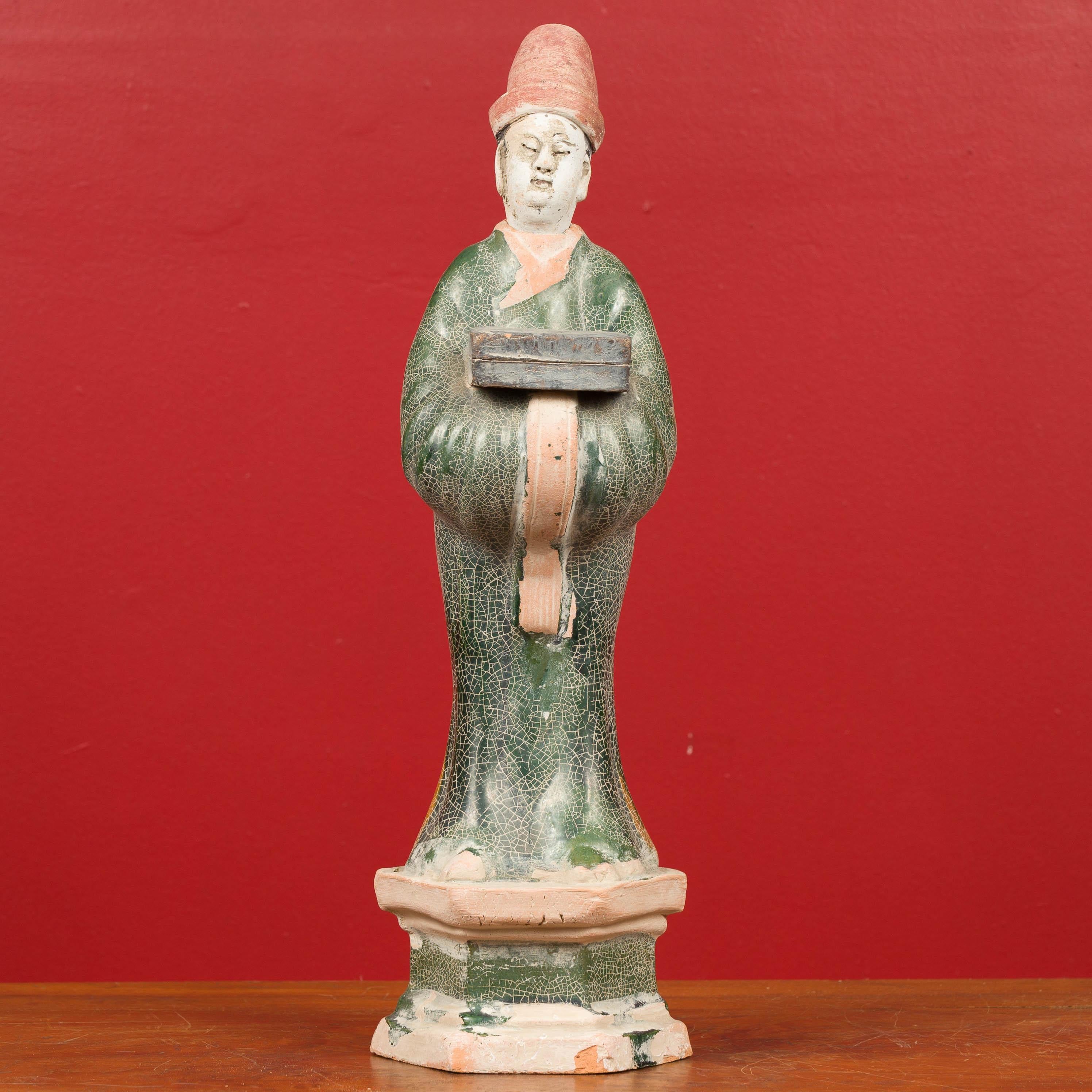 Chinese Ming Dynasty 17th Century Glazed Terracotta Statue of an Official Holding a Box