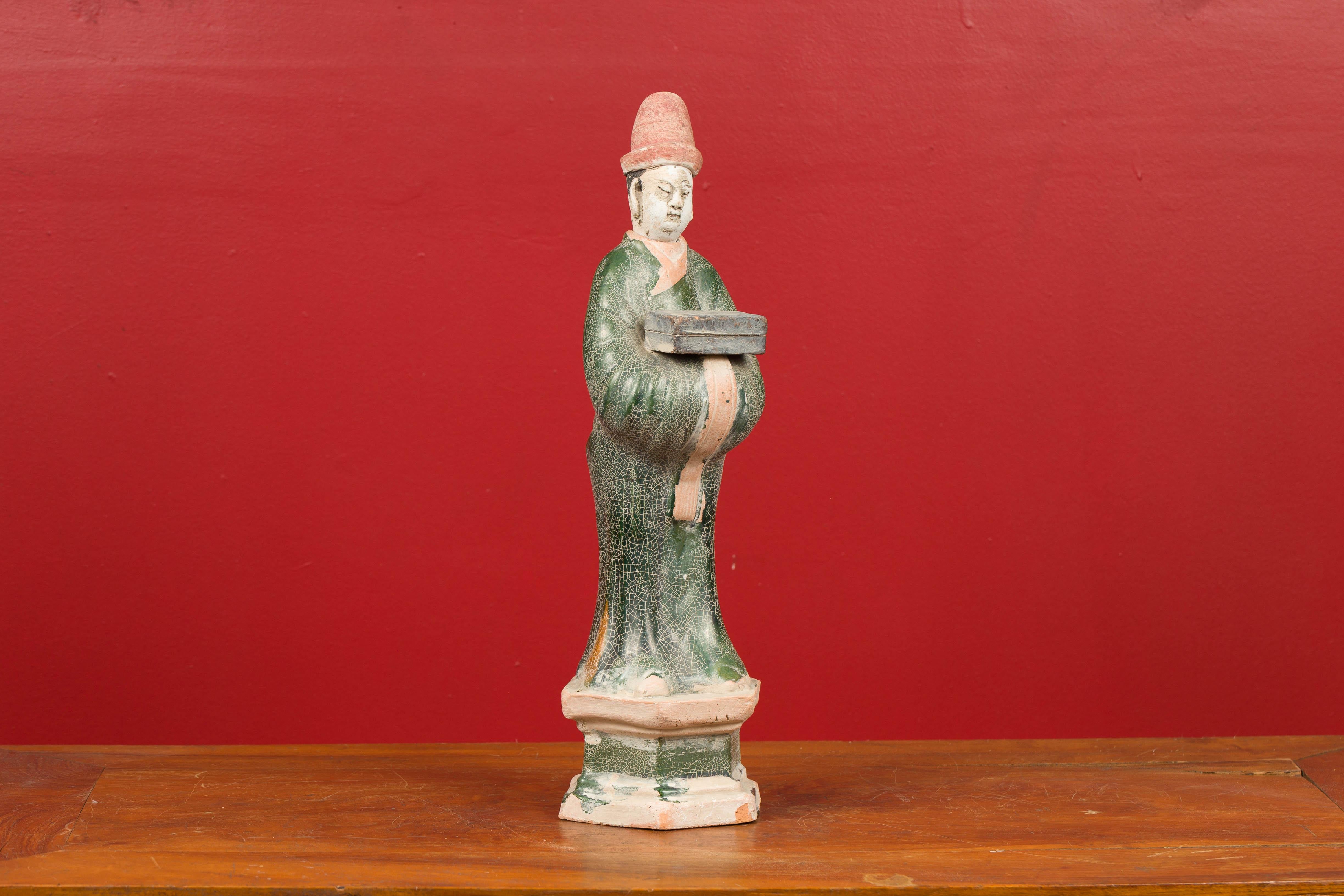 Ming Dynasty 17th Century Glazed Terracotta Statue of an Official Holding a Box 1