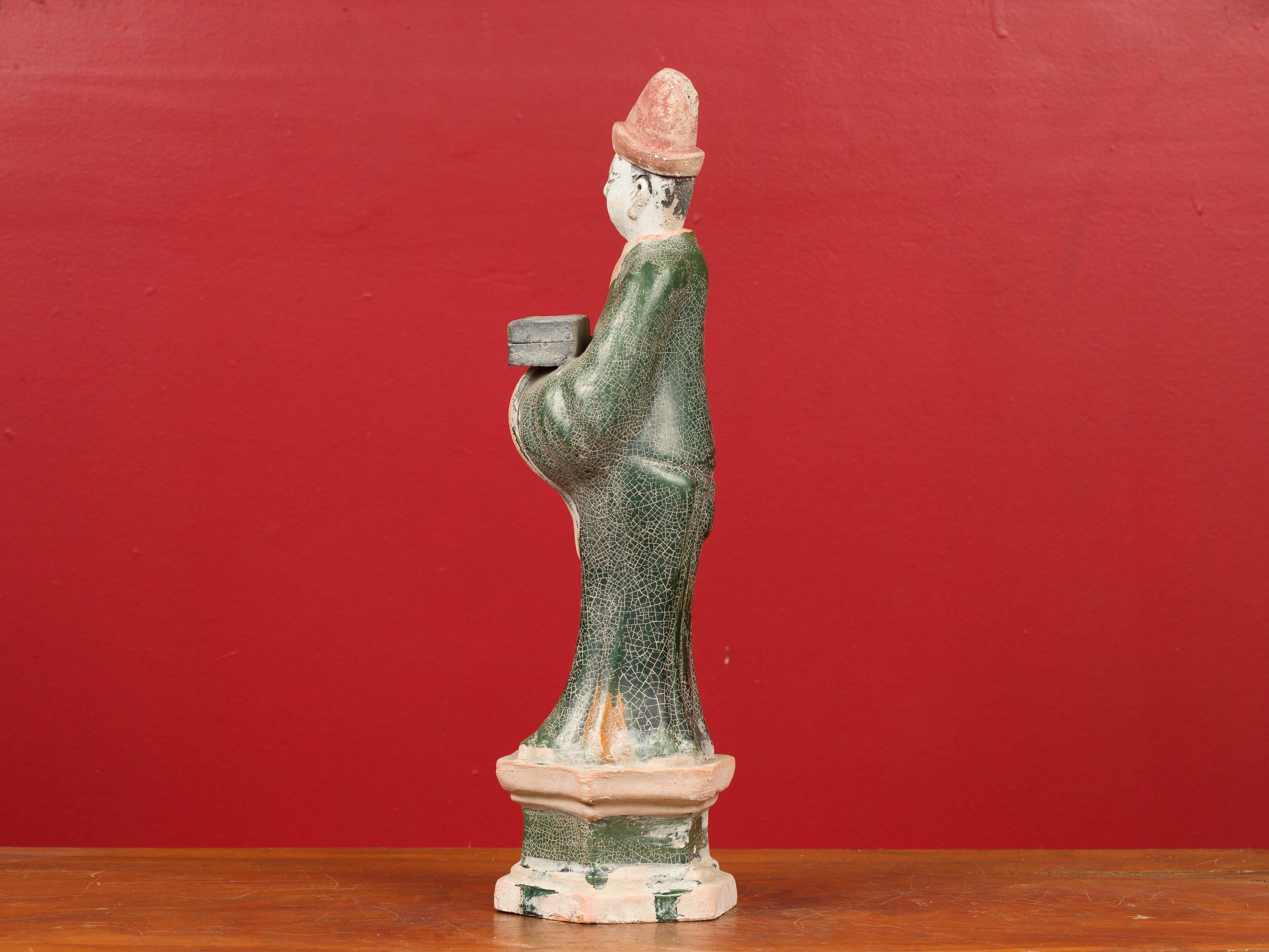 Ming Dynasty 17th Century Glazed Terracotta Statue of an Official Holding a Box 4