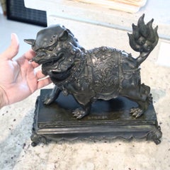 QING DYNASTY 1900 Antique Foo-Dog Sculpture In Solid Patinated Bronze