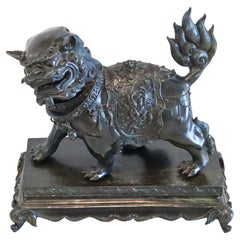 QING DYNASTY 1900 Antique Foo-Dog Sculpture In Solid Patinated Bronze