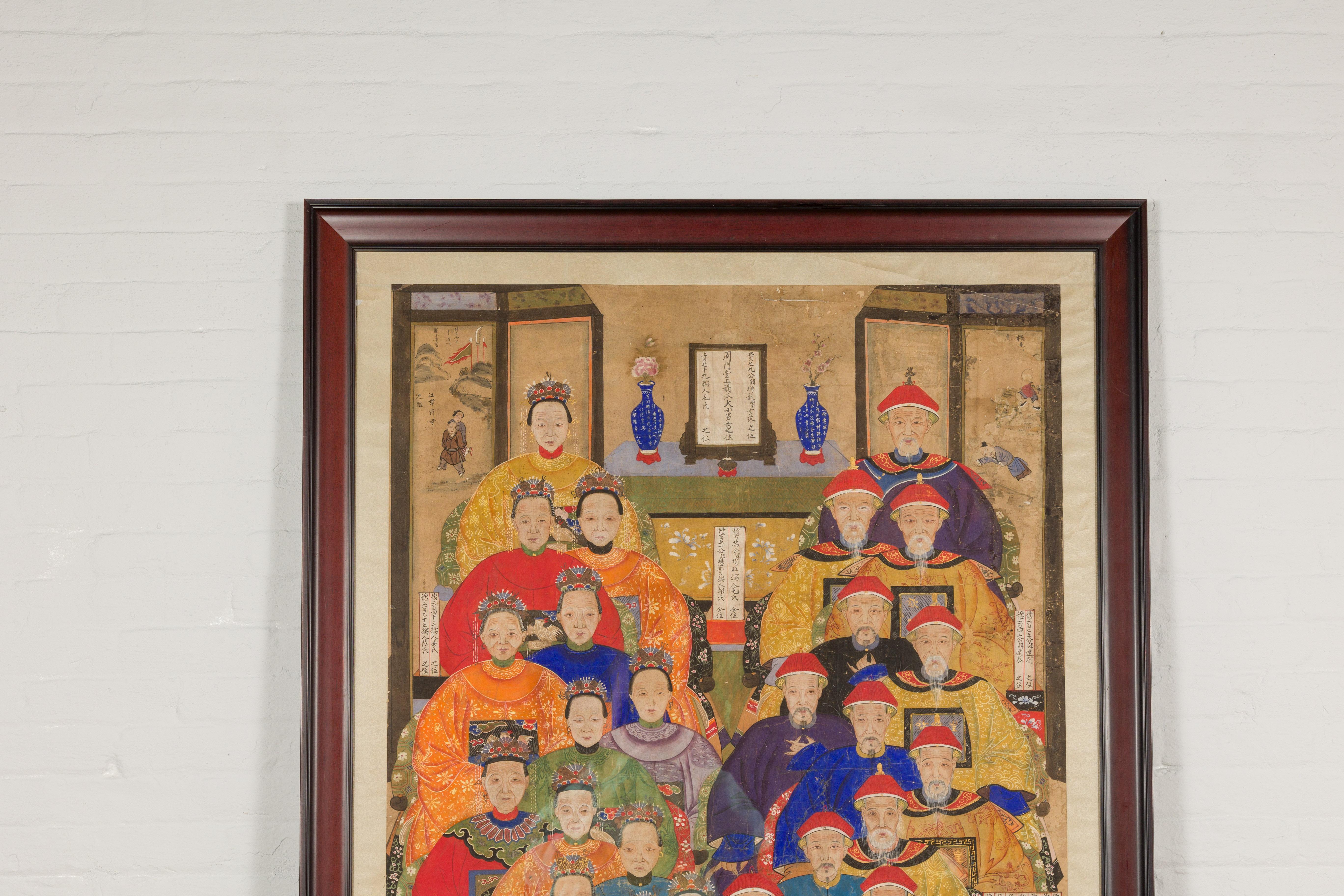 Qing Dynasty 19. Jahrhundert Ancestral Gruppe Gemälde auf handgemalten Pergament (Qing-Dynastie) im Angebot