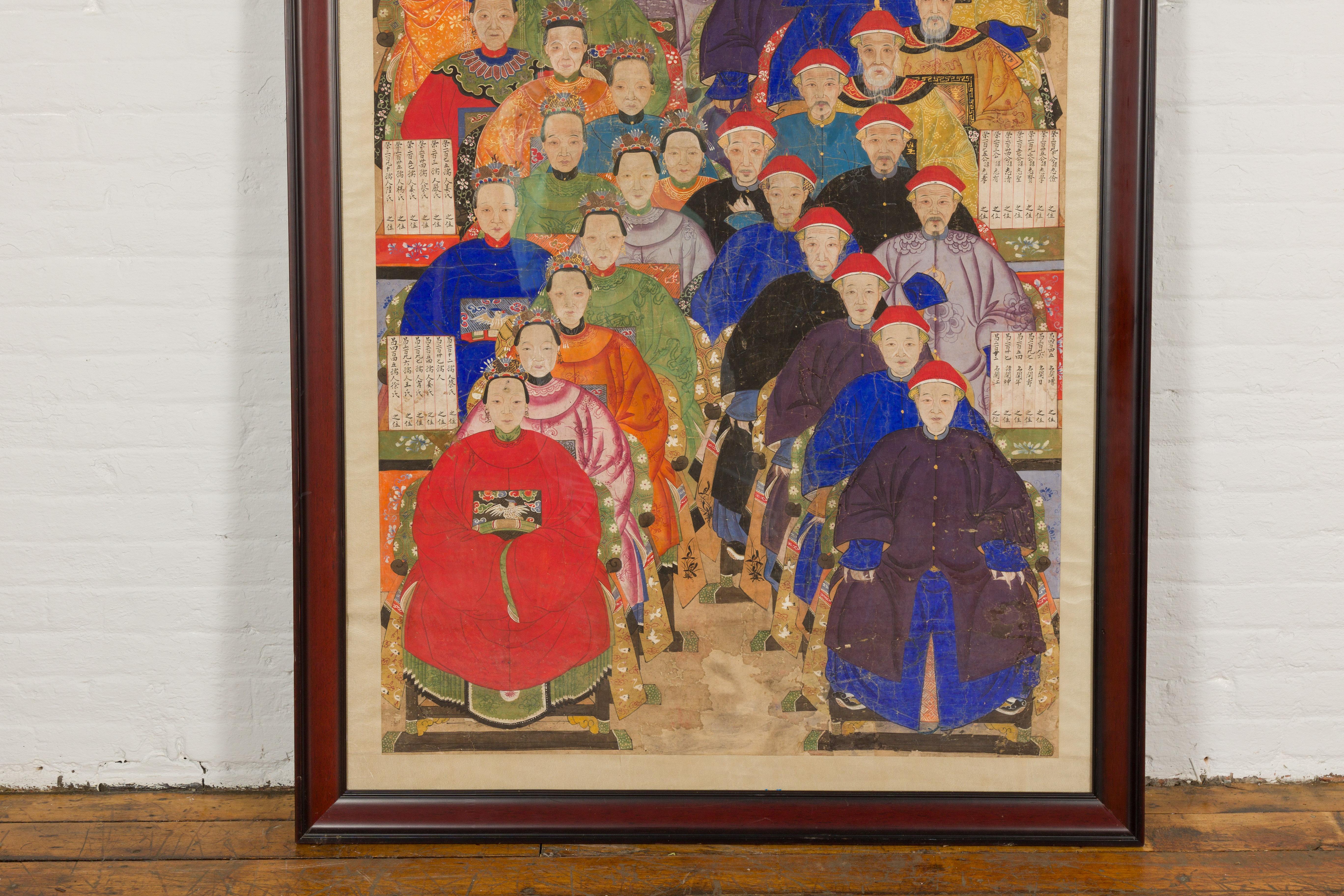 Chinese Qing Dynasty 19th Century Ancestral Group Painting on Hand Painted Parchment For Sale