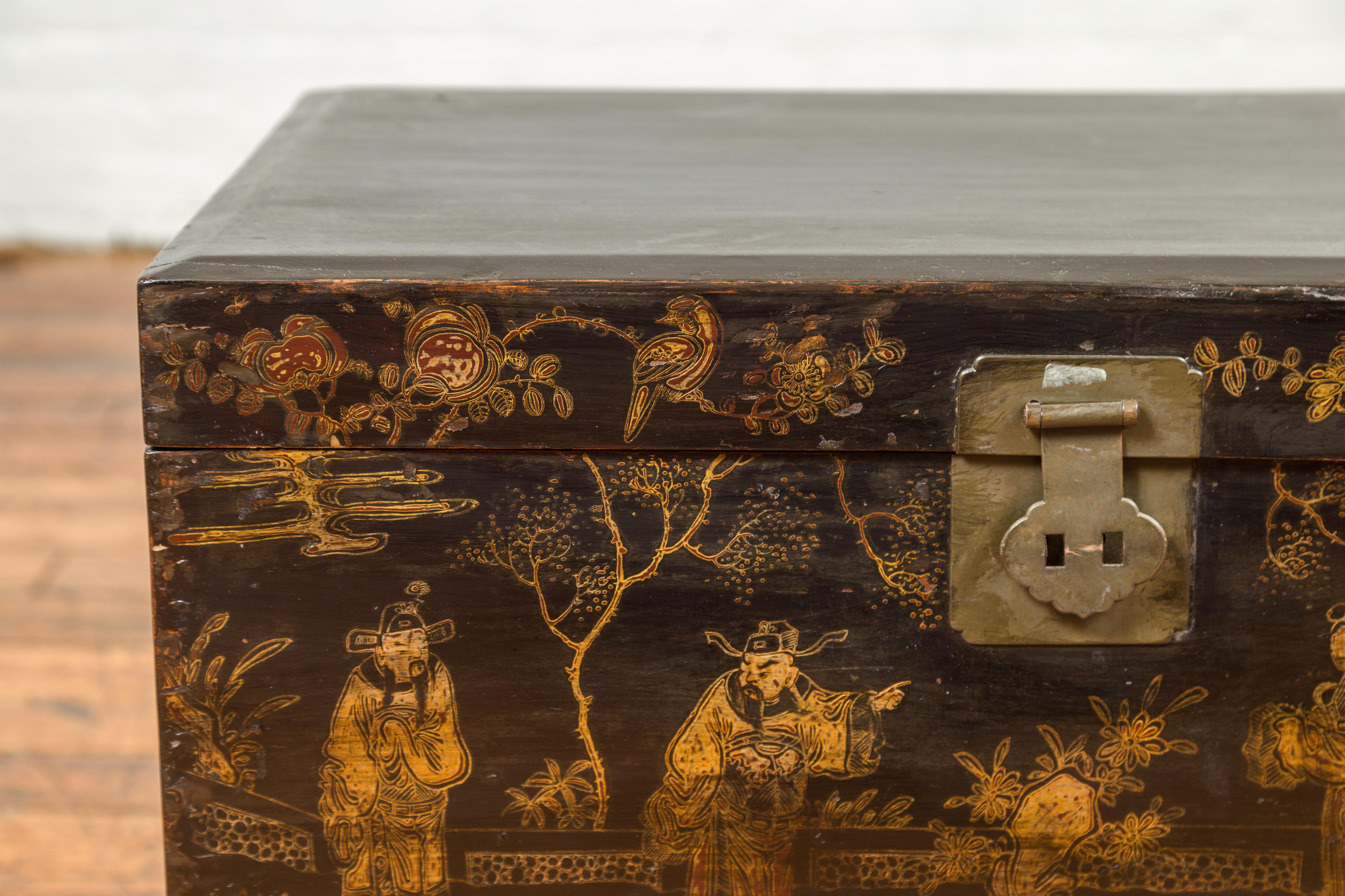 Chinese Qing Dynasty 19th Century Black and Gold Blanket Chest with Chinoiserie Painting