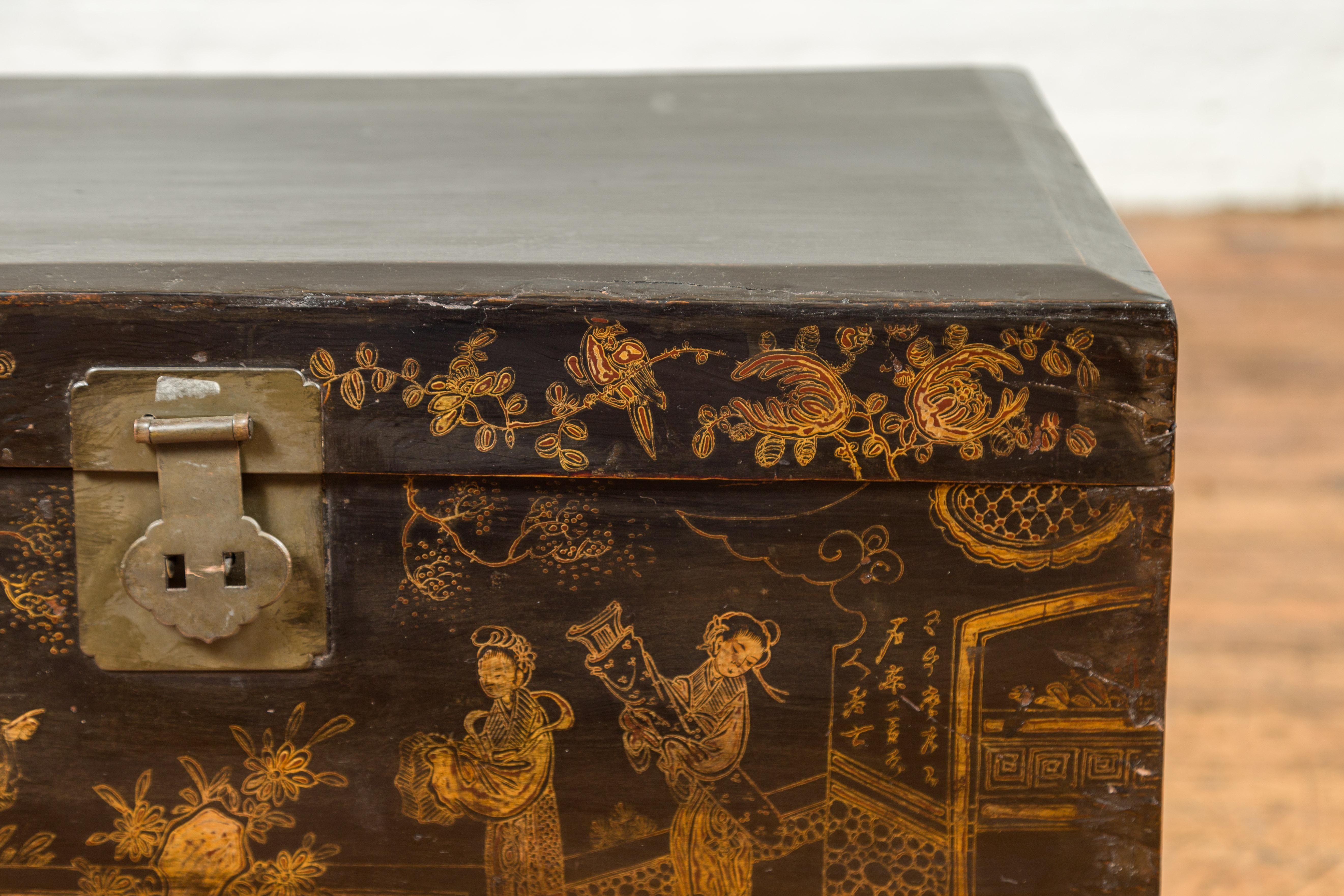 Hand-Painted Qing Dynasty 19th Century Black and Gold Blanket Chest with Chinoiserie Painting
