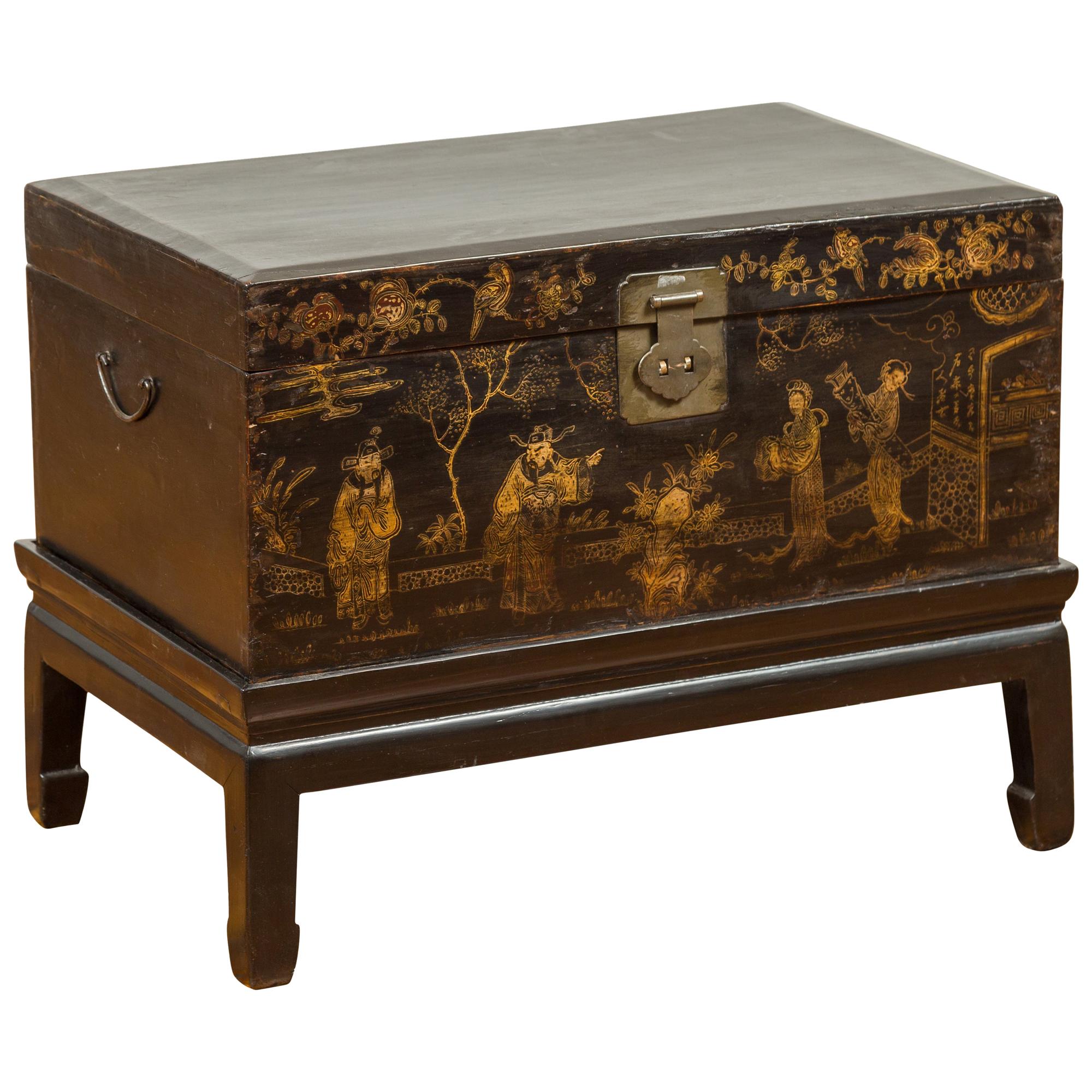 Qing Dynasty 19th Century Black and Gold Blanket Chest with Chinoiserie Painting