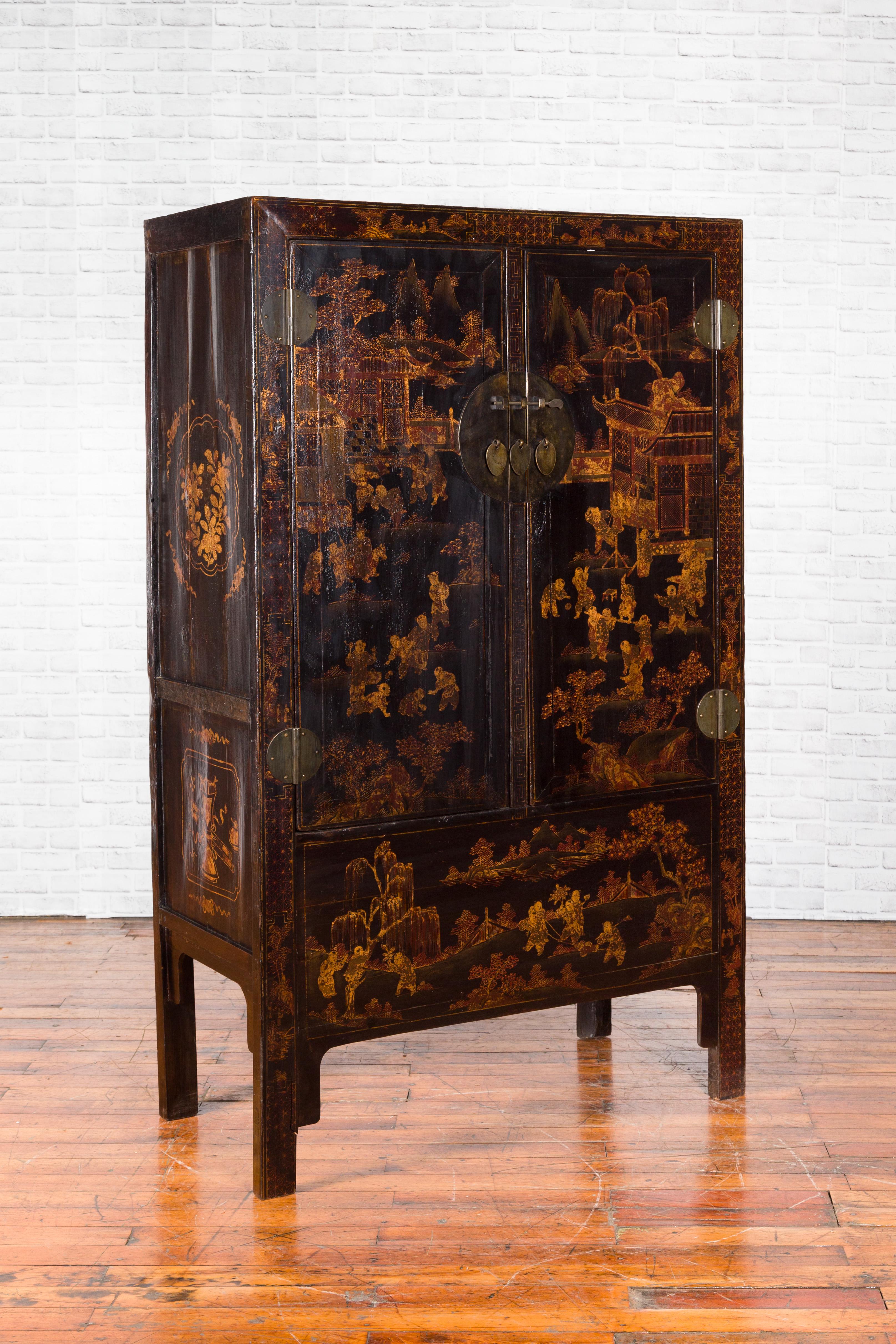Chinese Qing Dynasty 19th Century Black Lacquer Cabinet with Gilt Chinoiserie Decor