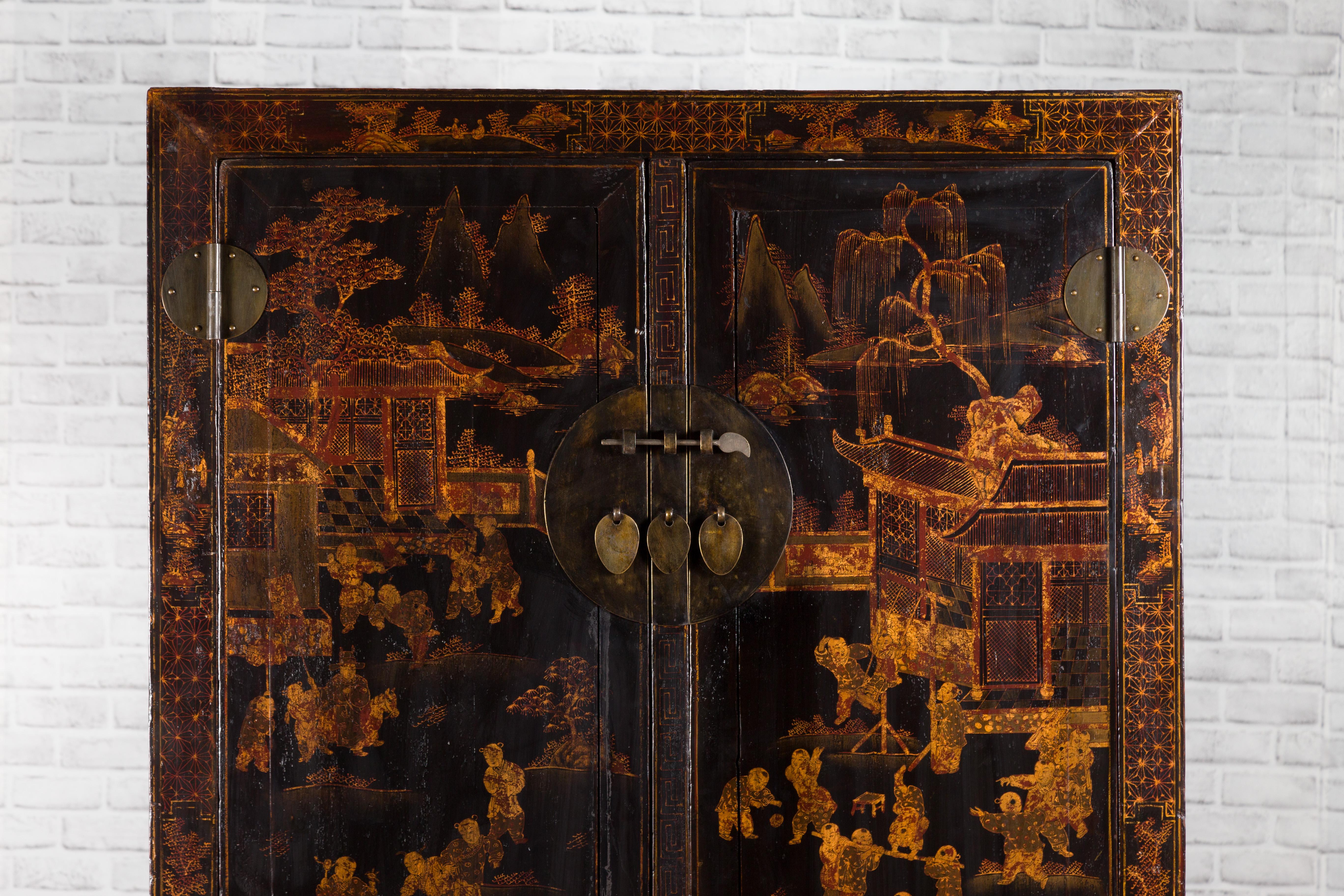 Wood Qing Dynasty 19th Century Black Lacquer Cabinet with Gilt Chinoiserie Decor